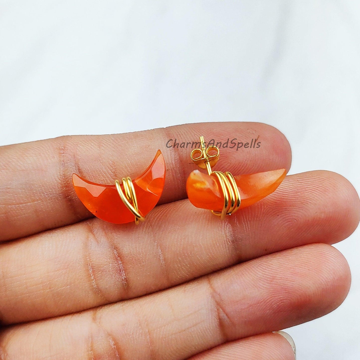 Natural Moon shape Carnelian Studs, Earrings, Birthstone Jewelry, Moon Stone Jewelry, Gemstone Earrings, Orange Earrings - Charms And Spells