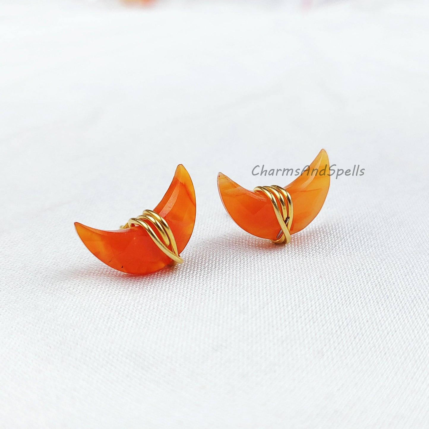 Natural Moon shape Carnelian Studs, Earrings, Birthstone Jewelry, Moon Stone Jewelry, Gemstone Earrings, Orange Earrings - Charms And Spells