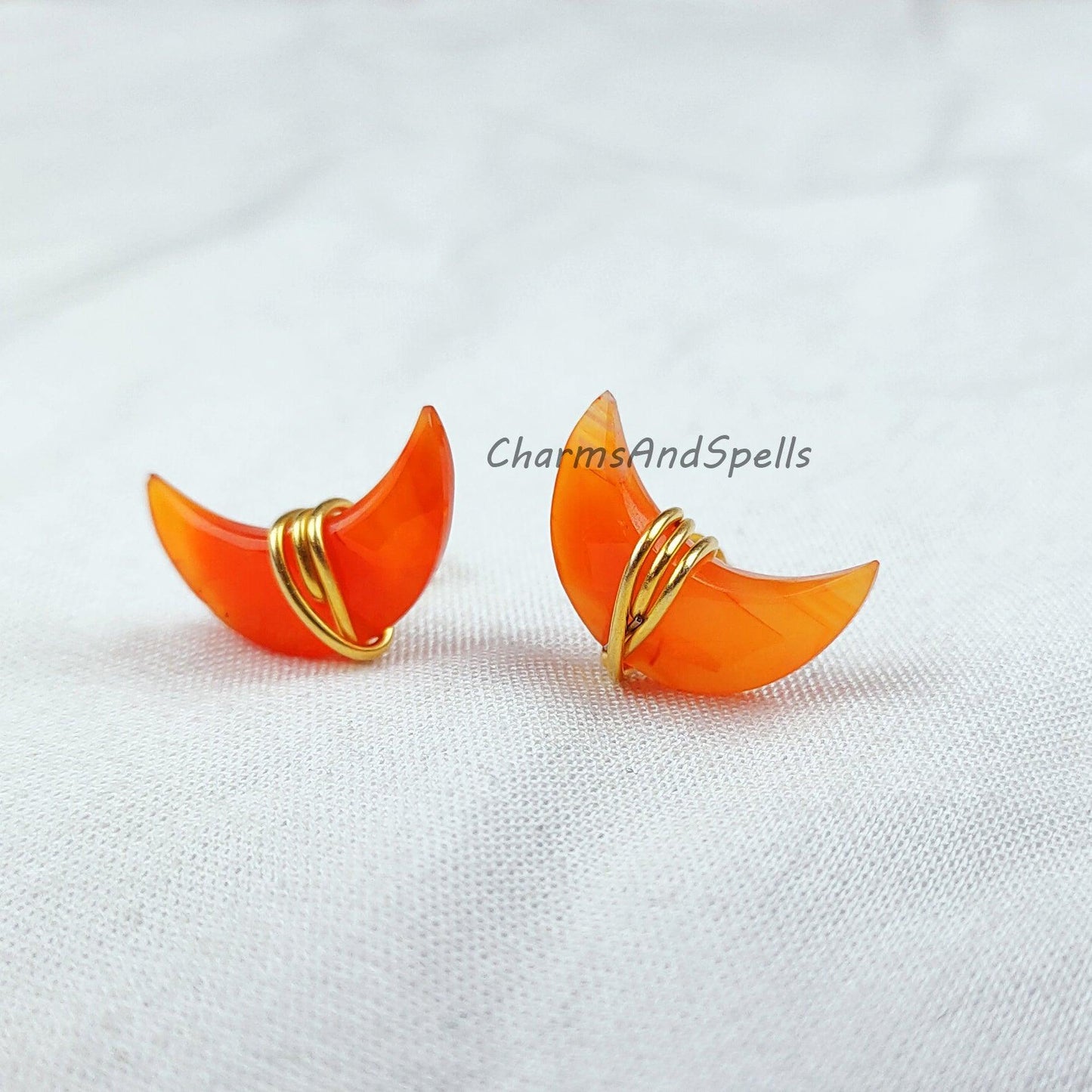 Natural Moon shape Carnelian Studs, Earrings, Birthstone Jewelry, Moon Stone Jewelry, Gemstone Earrings, Orange Earrings - Charms And Spells