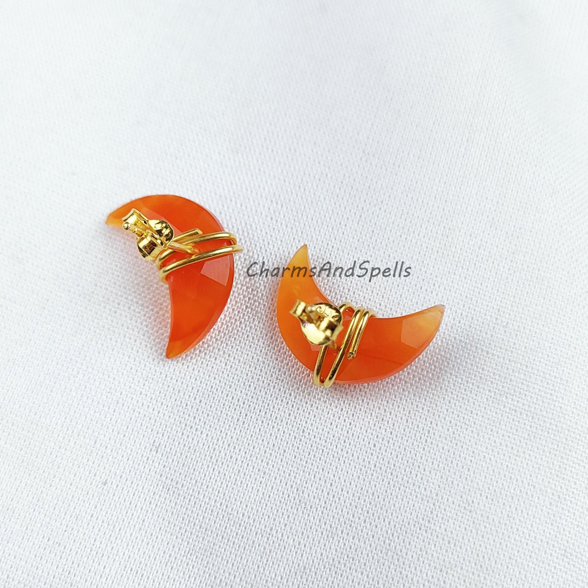 Natural Moon shape Carnelian Studs, Earrings, Birthstone Jewelry, Moon Stone Jewelry, Gemstone Earrings, Orange Earrings - Charms And Spells