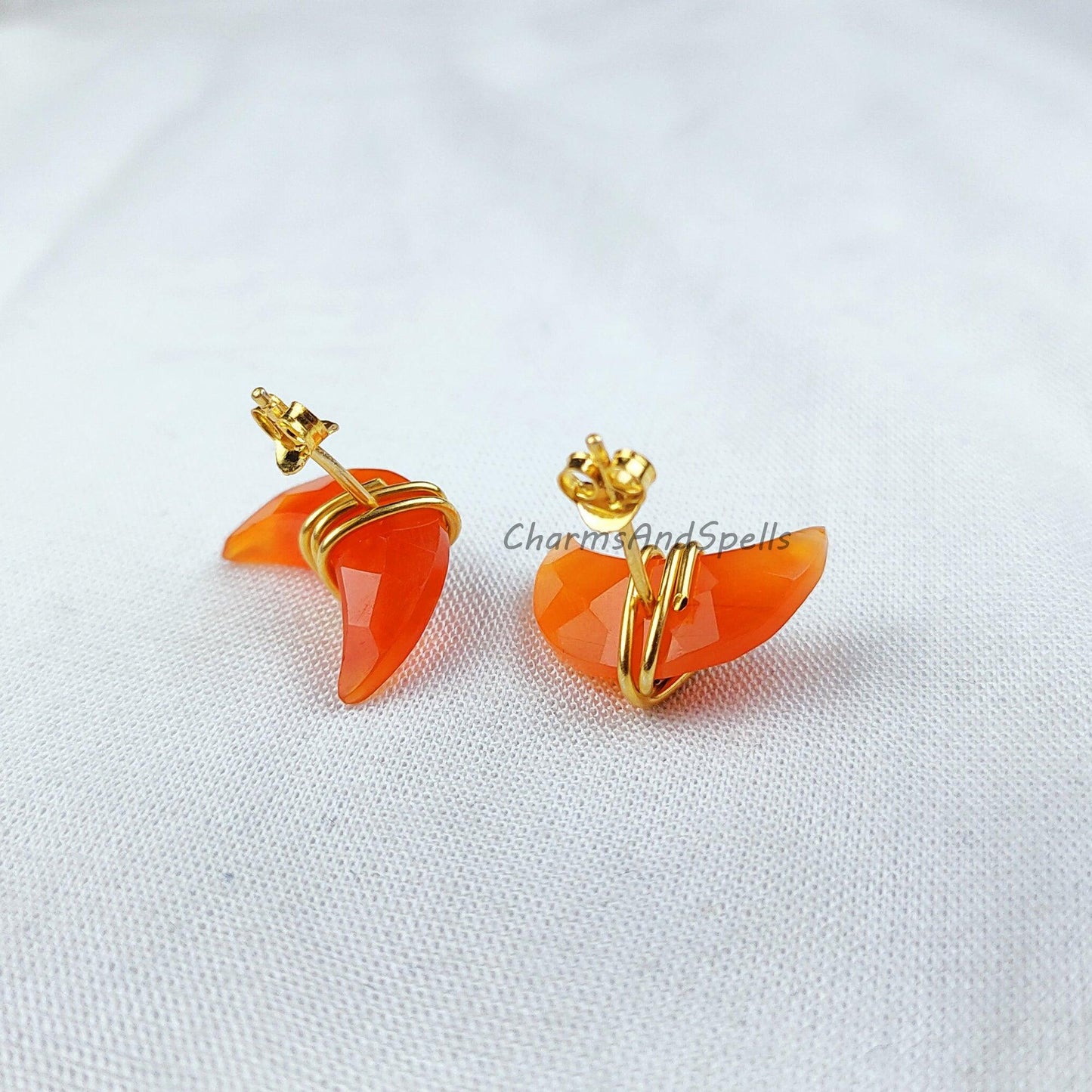 Natural Moon shape Carnelian Studs, Earrings, Birthstone Jewelry, Moon Stone Jewelry, Gemstone Earrings, Orange Earrings - Charms And Spells