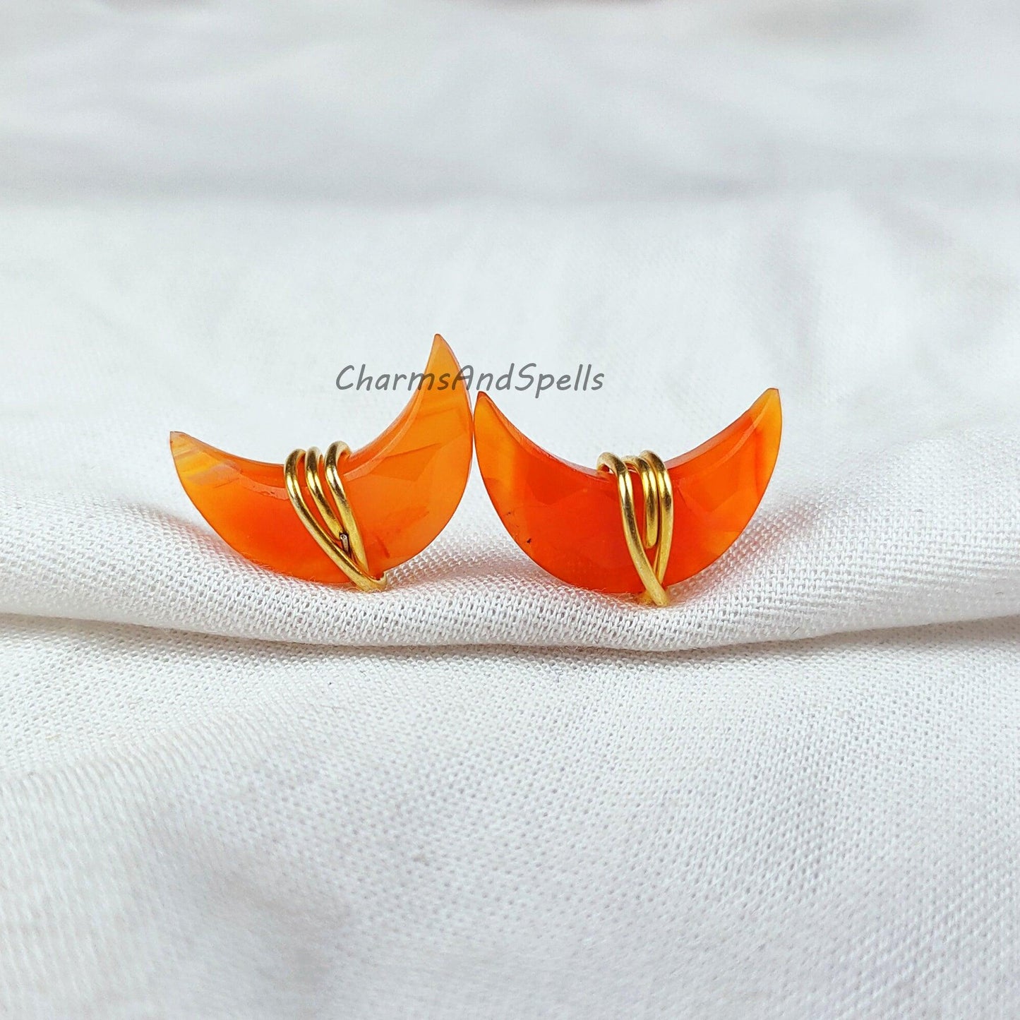 Natural Moon shape Carnelian Studs, Earrings, Birthstone Jewelry, Moon Stone Jewelry, Gemstone Earrings, Orange Earrings - Charms And Spells