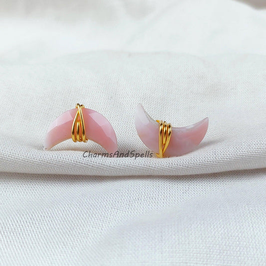 Pink Opal Stud Earrings, Dainty Earrings Stud, Moon Stud Earrings, Dainty Gemstone Earrings, Wholesale Suppliers - Charms And Spells