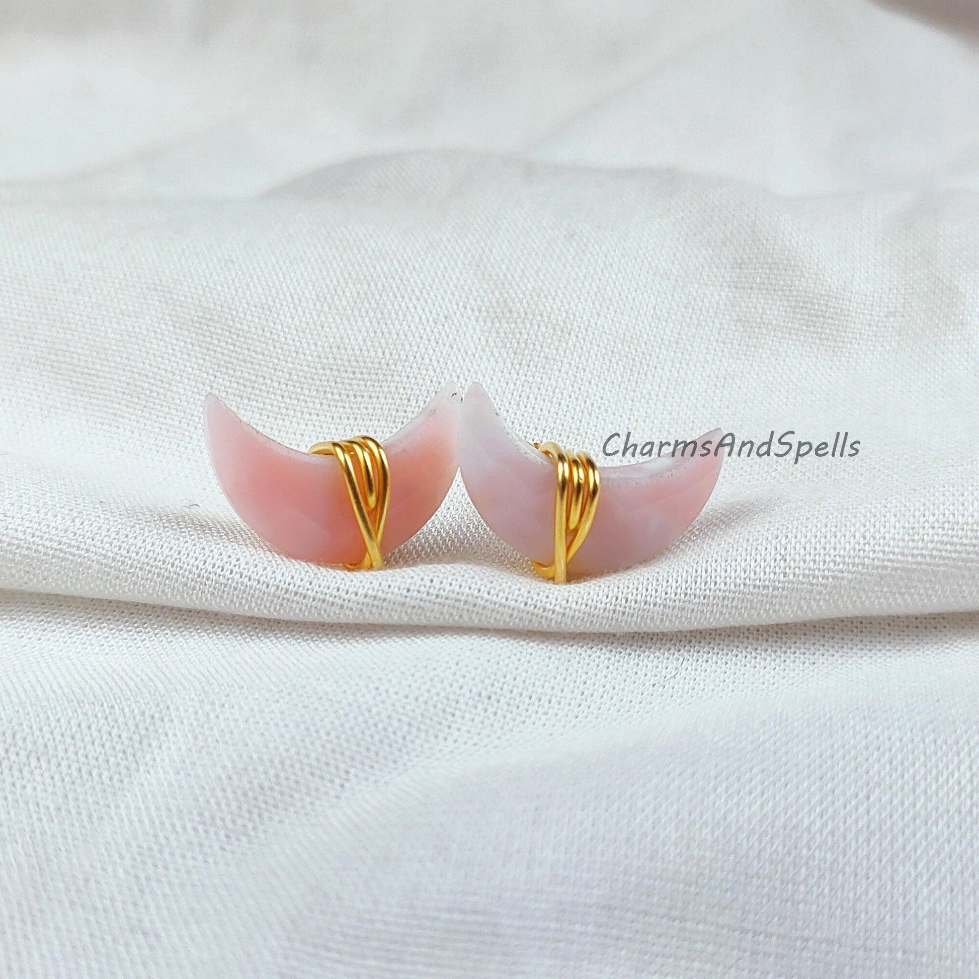 Pink Opal Stud Earrings, Dainty Earrings Stud, Moon Stud Earrings, Dainty Gemstone Earrings, Wholesale Suppliers - Charms And Spells