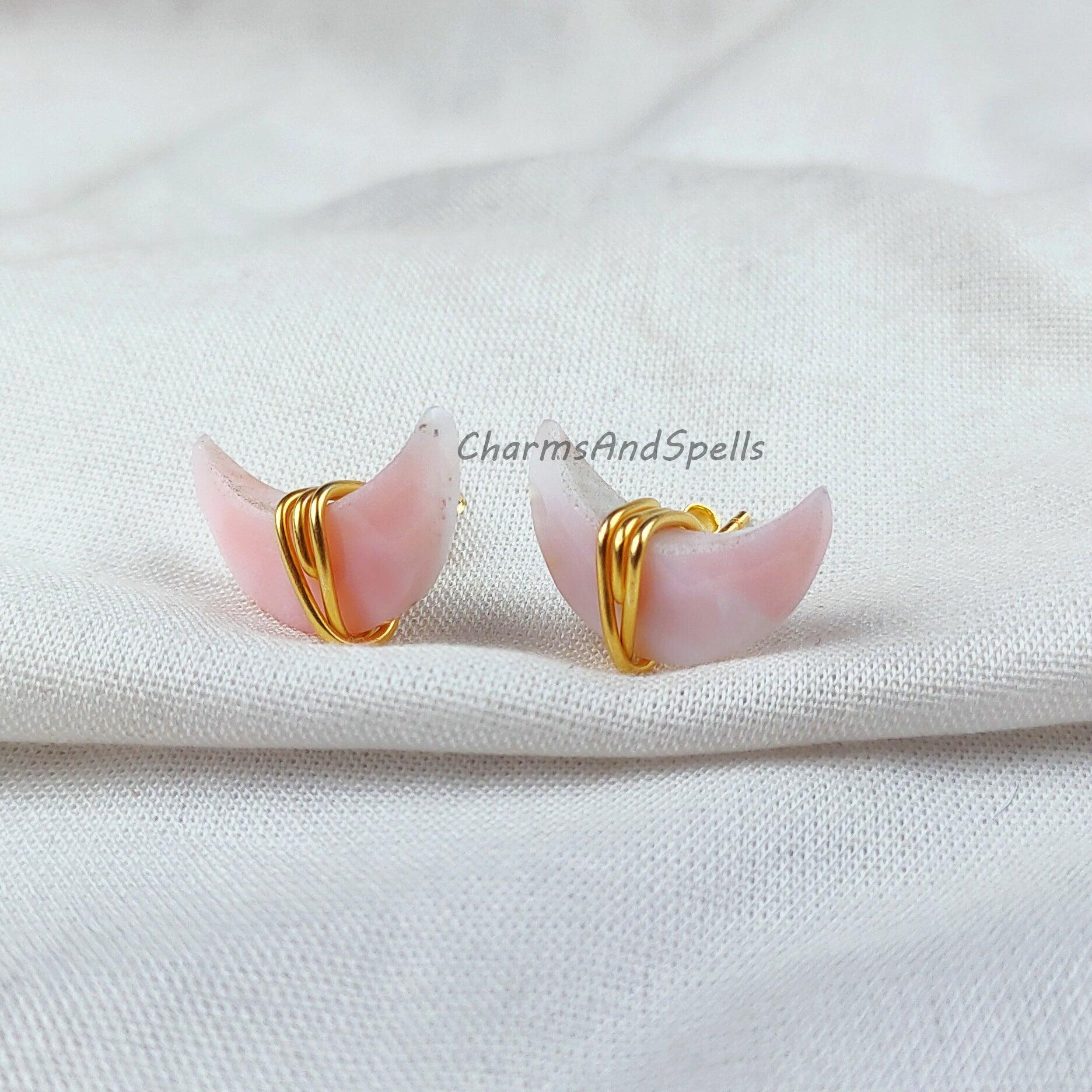 Pink Opal Stud Earrings, Dainty Earrings Stud, Moon Stud Earrings, Dainty Gemstone Earrings, Wholesale Suppliers - Charms And Spells