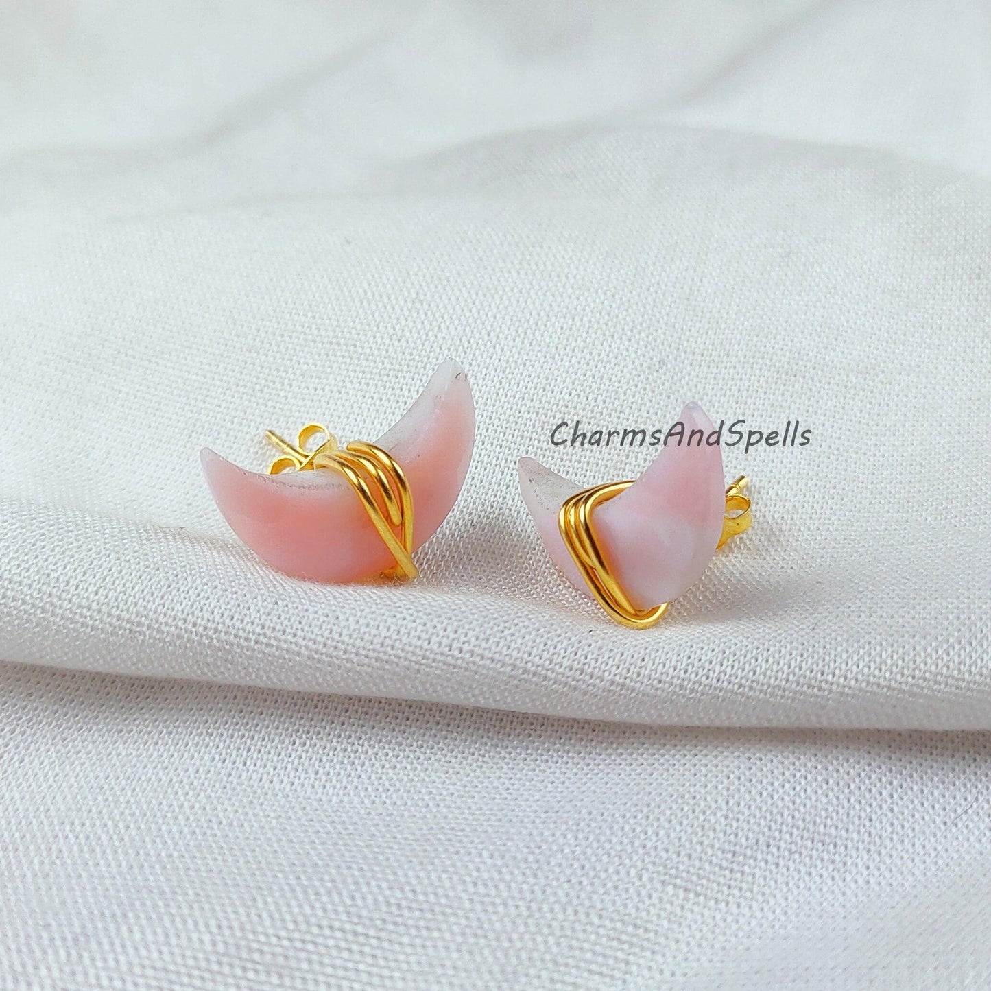 Pink Opal Stud Earrings, Dainty Earrings Stud, Moon Stud Earrings, Dainty Gemstone Earrings, Wholesale Suppliers - Charms And Spells