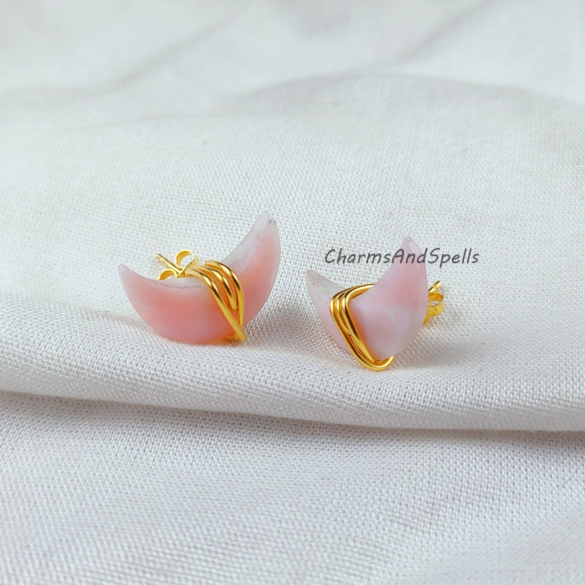 Pink Opal Stud Earrings, Dainty Earrings Stud, Moon Stud Earrings, Dainty Gemstone Earrings, Wholesale Suppliers - Charms And Spells