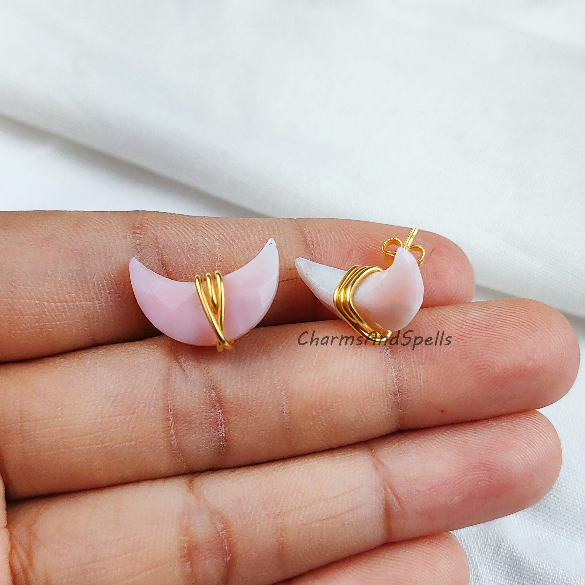 Pink Opal Stud Earrings, Dainty Earrings Stud, Moon Stud Earrings, Dainty Gemstone Earrings, Wholesale Suppliers - Charms And Spells