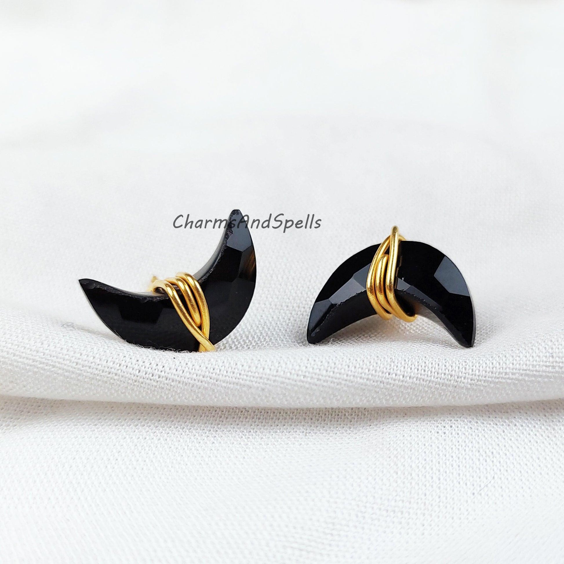 Black Onyx Moon Earrings, Black Onyx Jewelry, Tiny Gold Plated Studs, Wire Wrap Studs, Gift For Her, Black Earrings - Charms And Spells