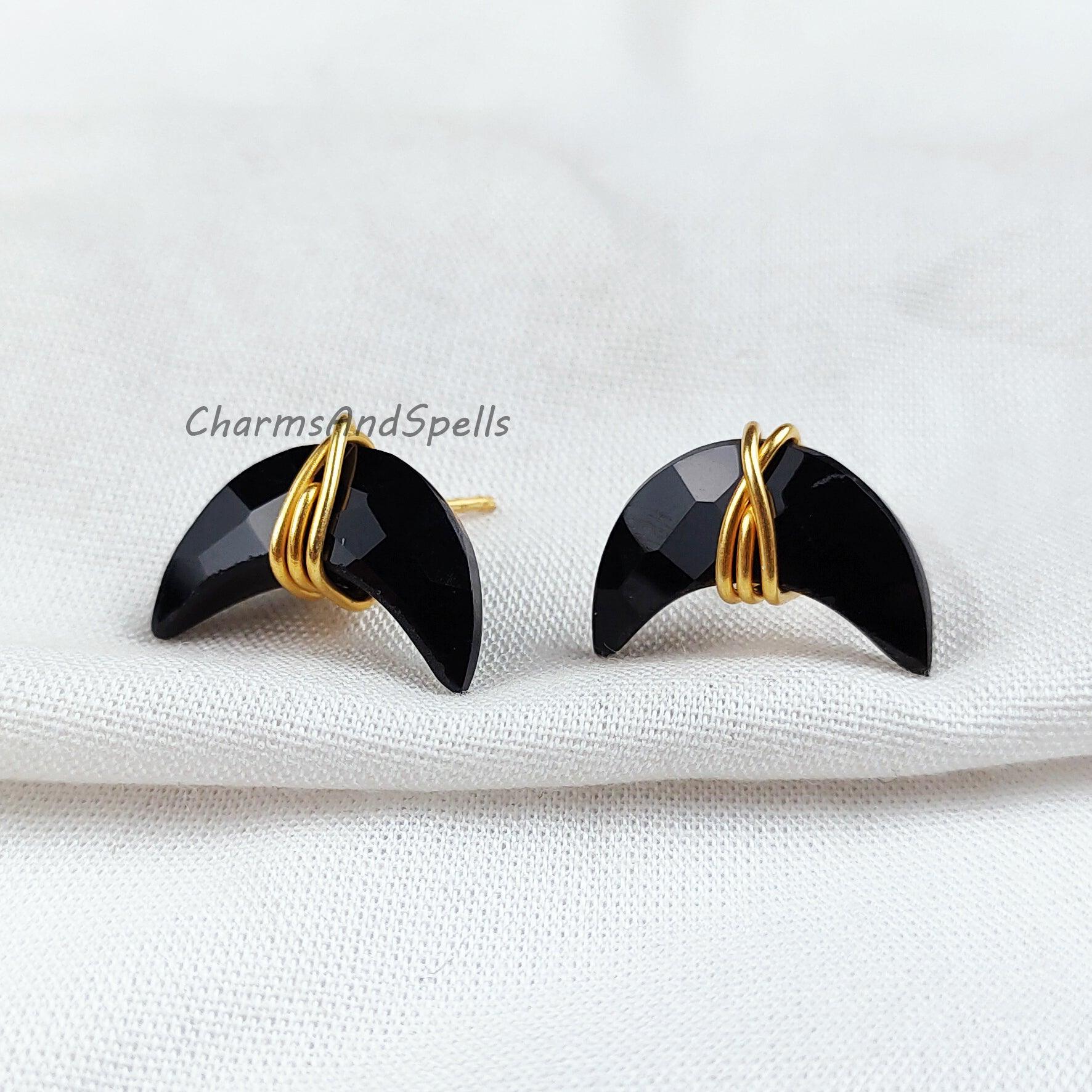 Black Onyx Moon Earrings, Black Onyx Jewelry, Tiny Gold Plated Studs, Wire Wrap Studs, Gift For Her, Black Earrings - Charms And Spells