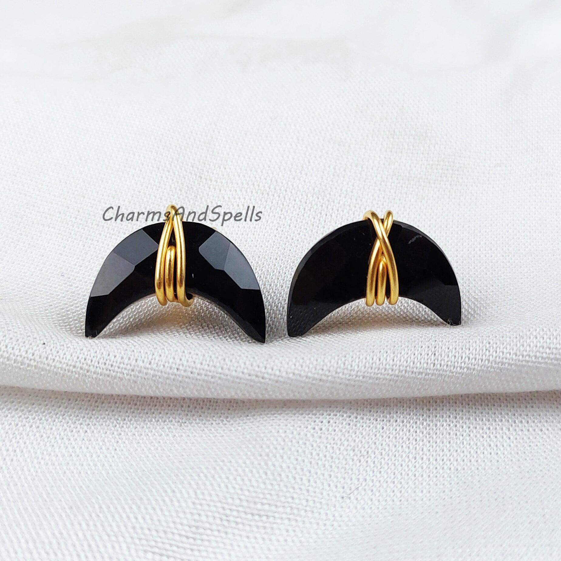 Black Onyx Moon Earrings, Black Onyx Jewelry, Tiny Gold Plated Studs, Wire Wrap Studs, Gift For Her, Black Earrings - Charms And Spells