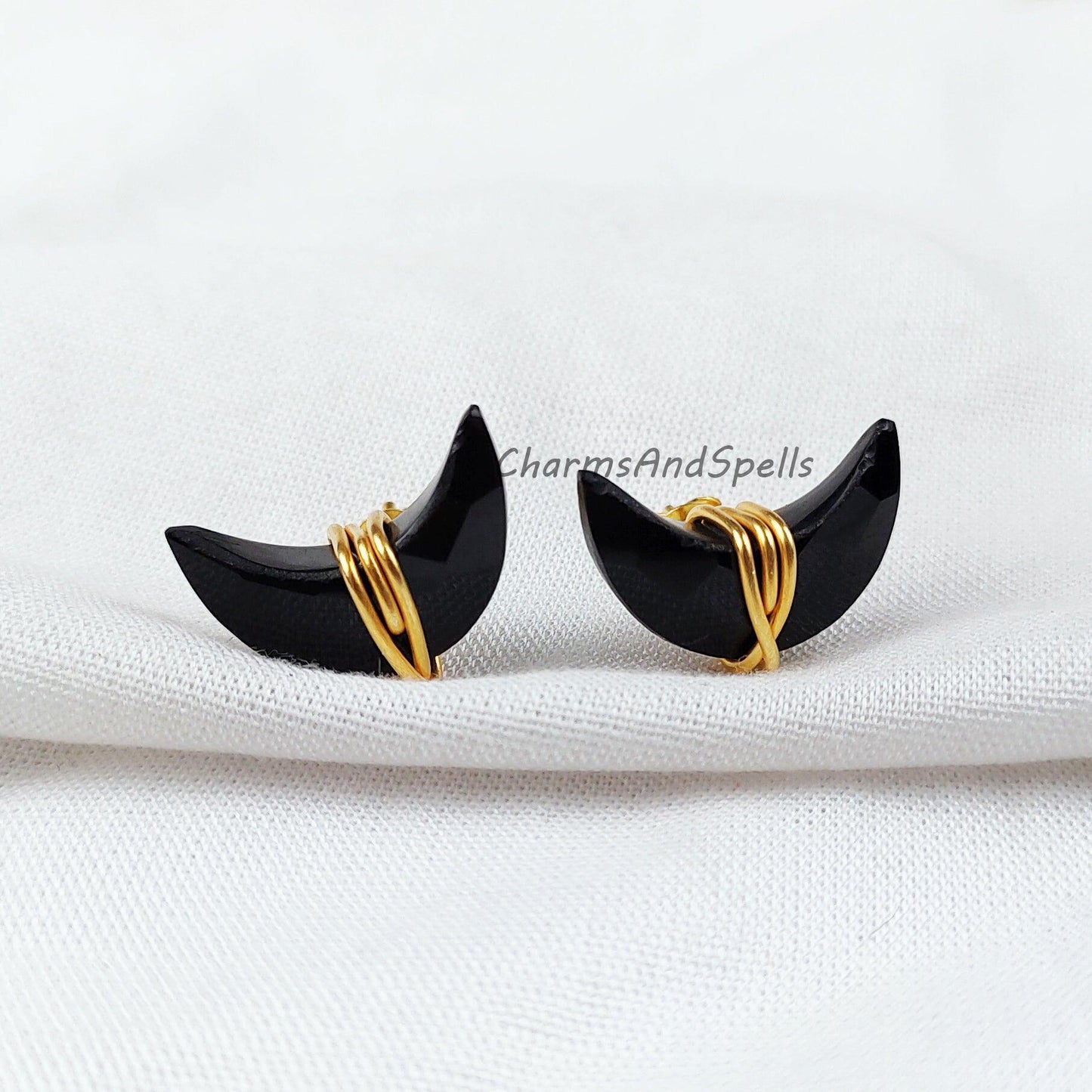 Black Onyx Moon Earrings, Black Onyx Jewelry, Tiny Gold Plated Studs, Wire Wrap Studs, Gift For Her, Black Earrings - Charms And Spells