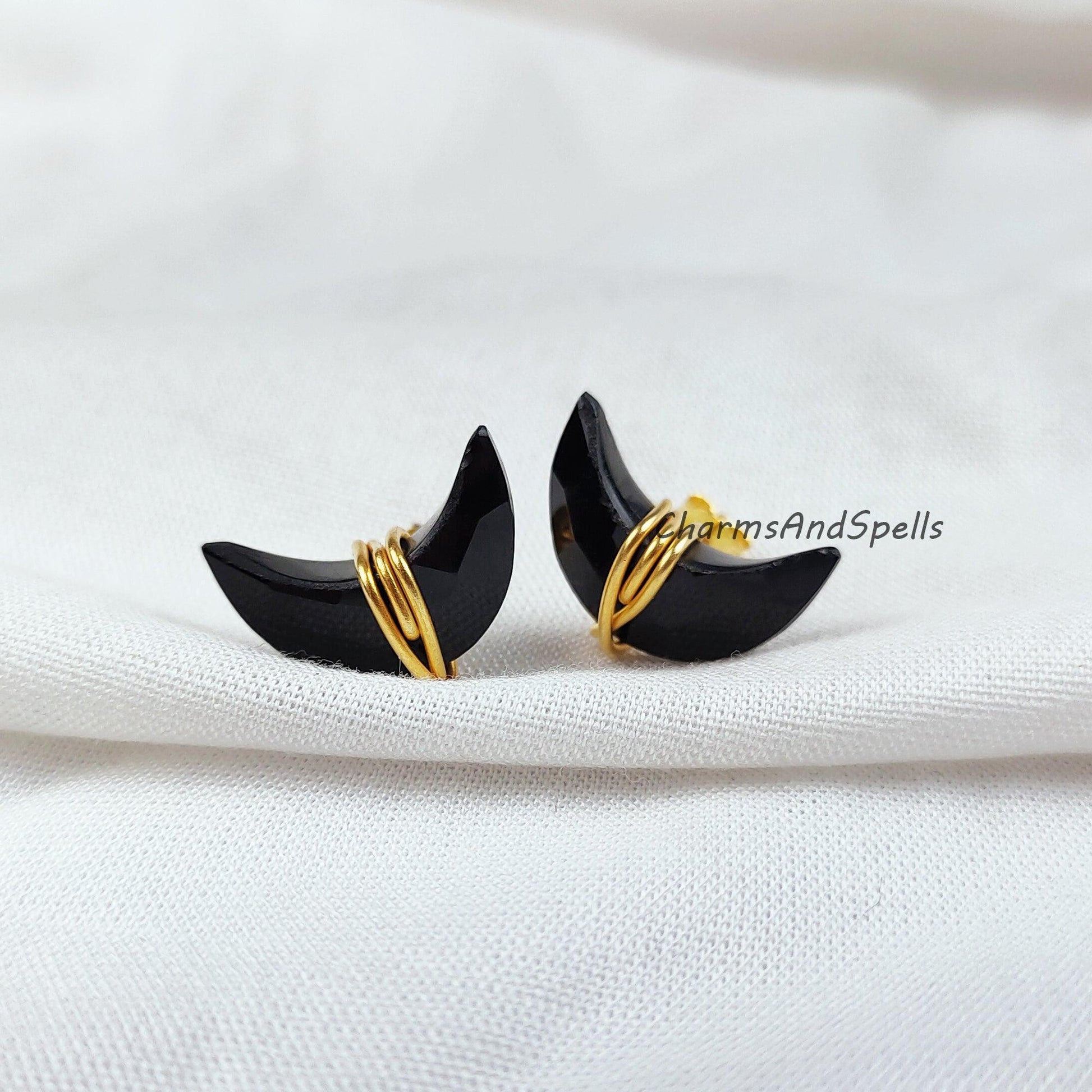 Black Onyx Moon Earrings, Black Onyx Jewelry, Tiny Gold Plated Studs, Wire Wrap Studs, Gift For Her, Black Earrings - Charms And Spells