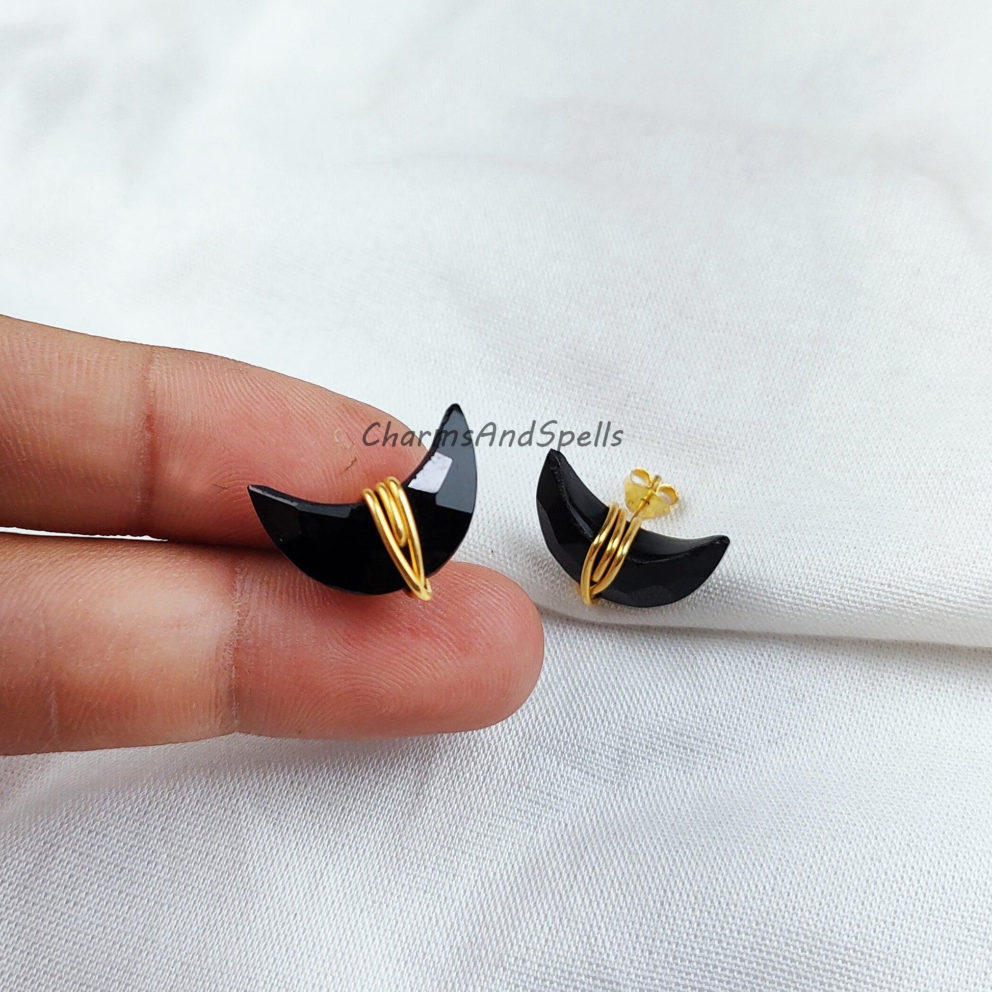 Black Onyx Moon Earrings, Black Onyx Jewelry, Tiny Gold Plated Studs, Wire Wrap Studs, Gift For Her, Black Earrings - Charms And Spells