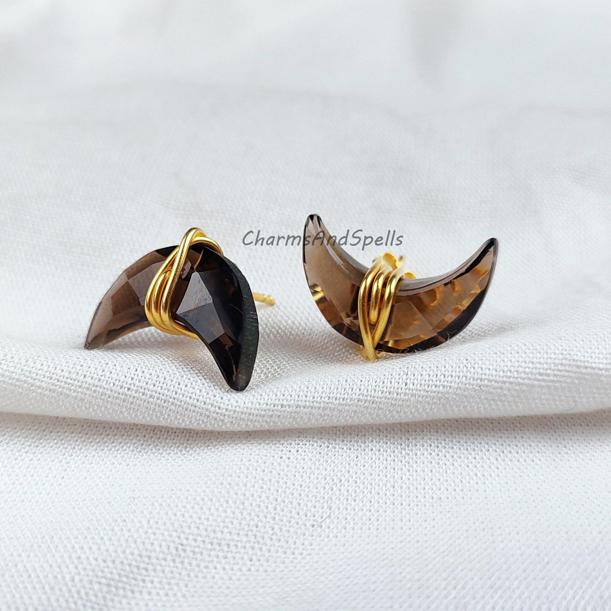 Moon Shape Smoky Quartz Earrings, Wire Wrap Studs, Dainty Stone Earrings, Gemstone Earrings, Moon Women Earrings Stud - Charms And Spells