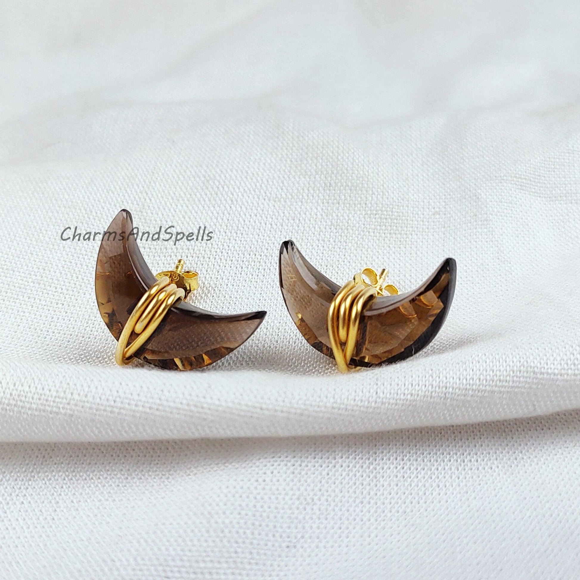 Moon Shape Smoky Quartz Earrings, Wire Wrap Studs, Dainty Stone Earrings, Gemstone Earrings, Moon Women Earrings Stud - Charms And Spells