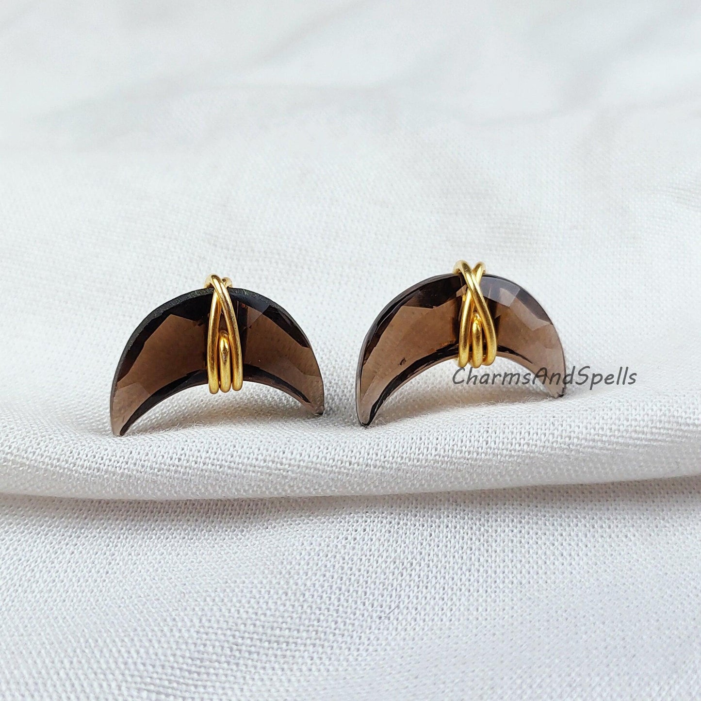 Moon Shape Smoky Quartz Earrings, Wire Wrap Studs, Dainty Stone Earrings, Gemstone Earrings, Moon Women Earrings Stud - Charms And Spells