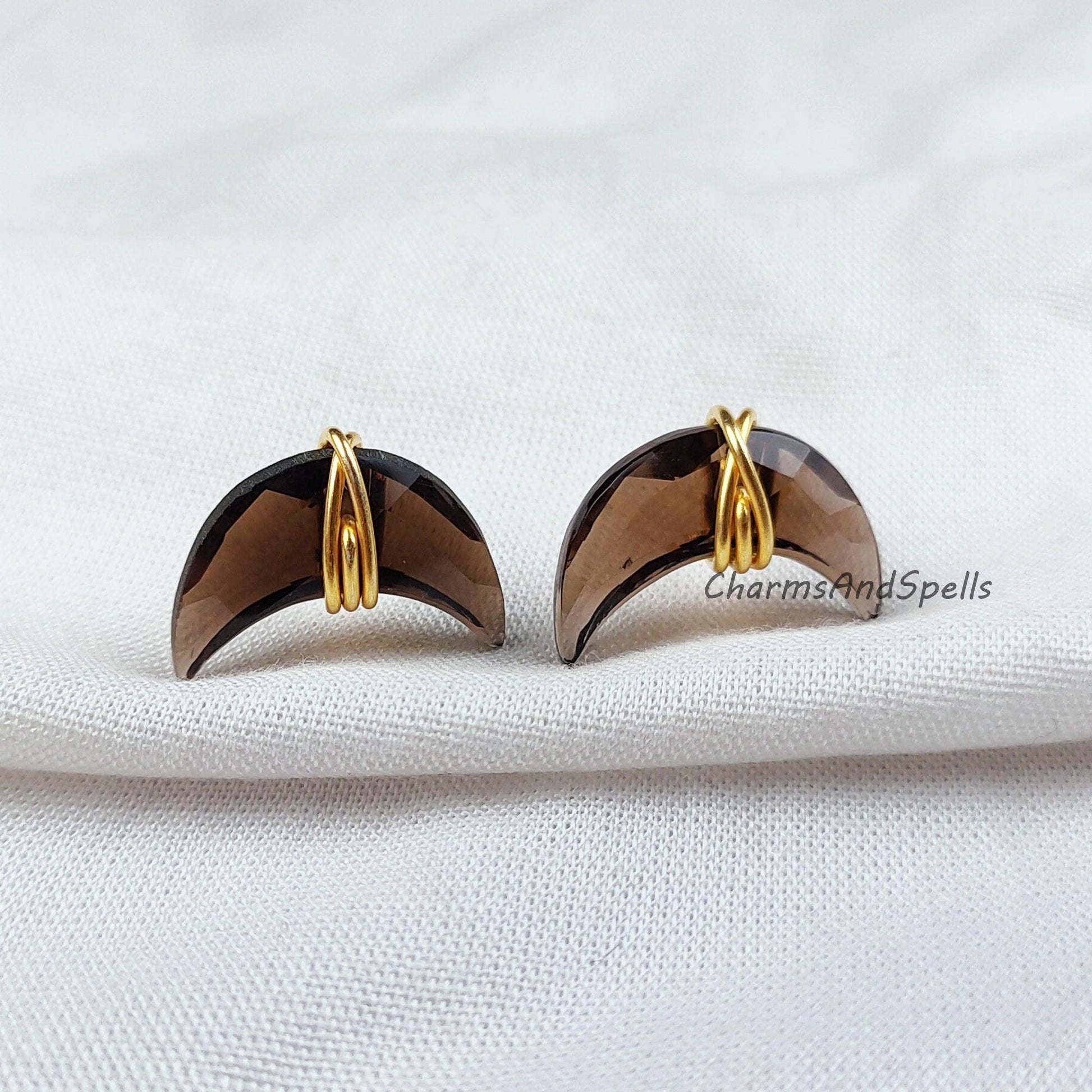 Moon Shape Smoky Quartz Earrings, Wire Wrap Studs, Dainty Stone Earrings, Gemstone Earrings, Moon Women Earrings Stud - Charms And Spells