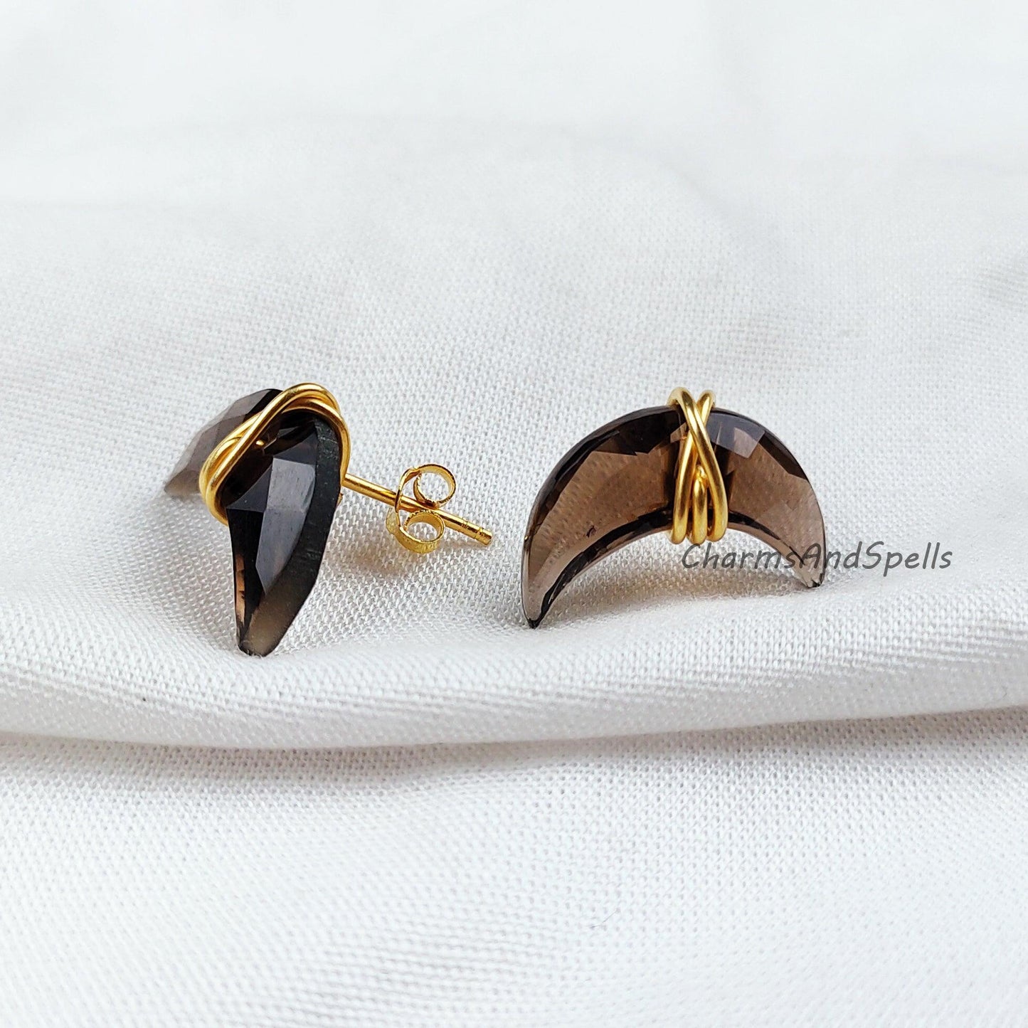 Moon Shape Smoky Quartz Earrings, Wire Wrap Studs, Dainty Stone Earrings, Gemstone Earrings, Moon Women Earrings Stud - Charms And Spells