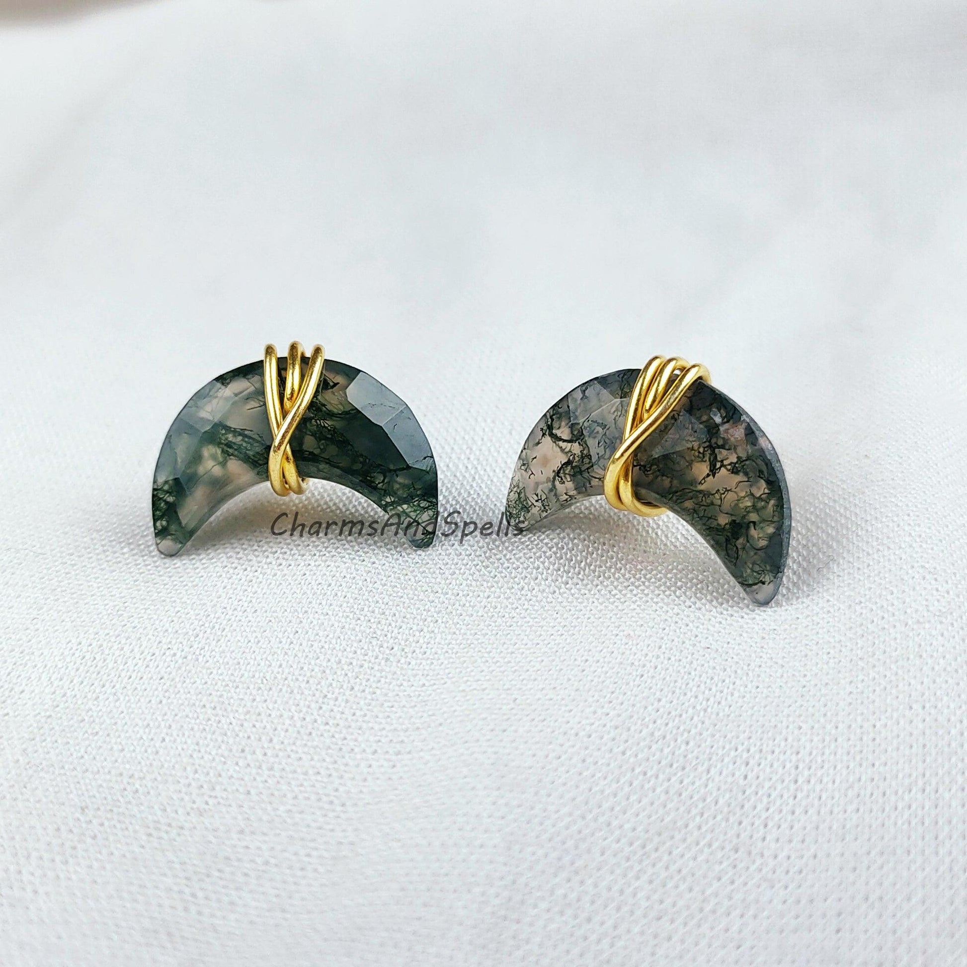 Natural Moss Agate Stud Earrings, Moon Shape Crystal Earrings, Healing Crystal Studs, Women Earrings, Gemstone Earrings - Charms And Spells