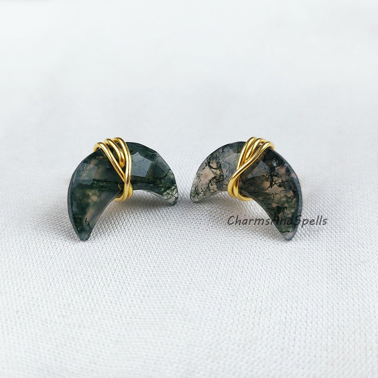 Natural Moss Agate Stud Earrings, Moon Shape Crystal Earrings, Healing Crystal Studs, Women Earrings, Gemstone Earrings - Charms And Spells