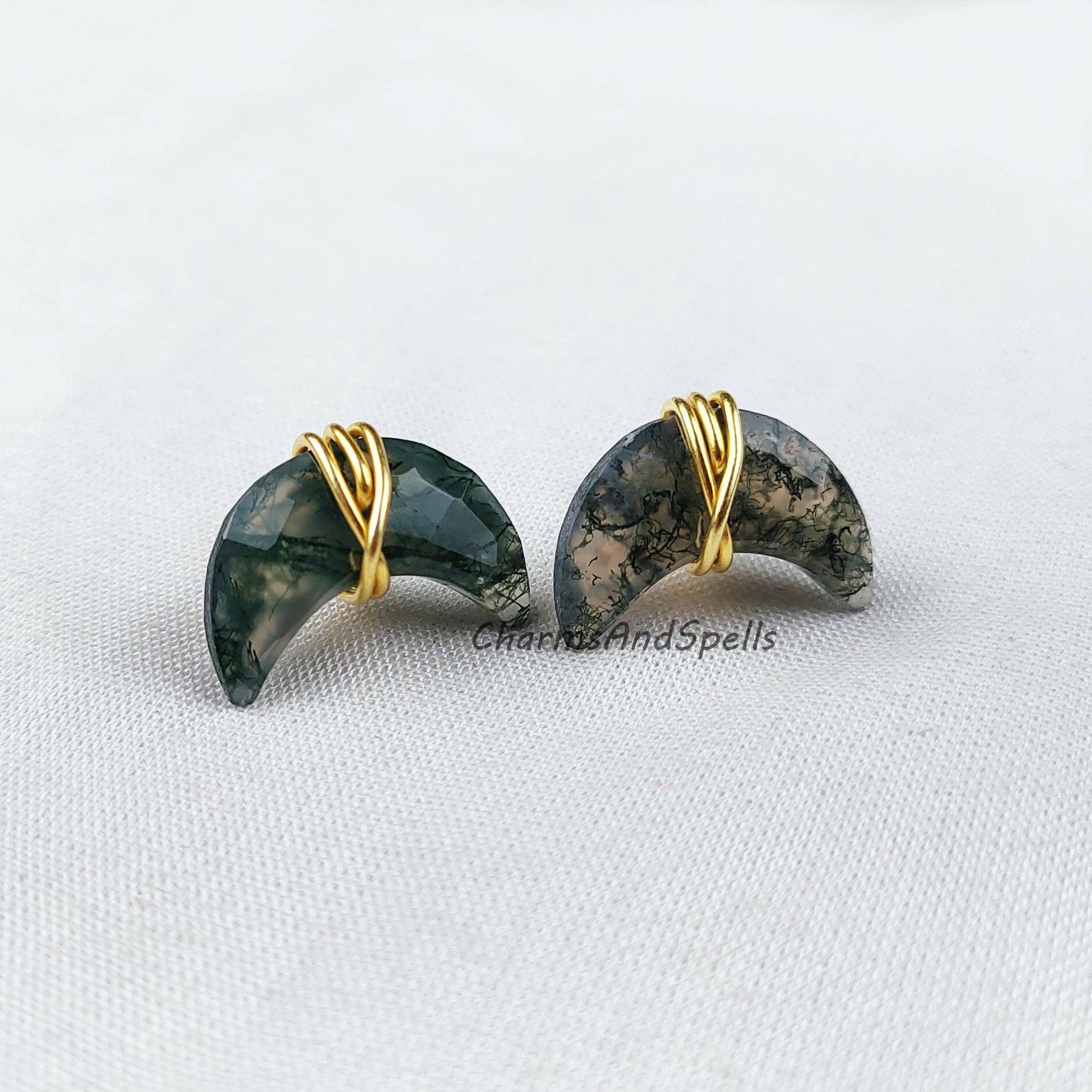 Natural Moss Agate Stud Earrings, Moon Shape Crystal Earrings, Healing Crystal Studs, Women Earrings, Gemstone Earrings - Charms And Spells