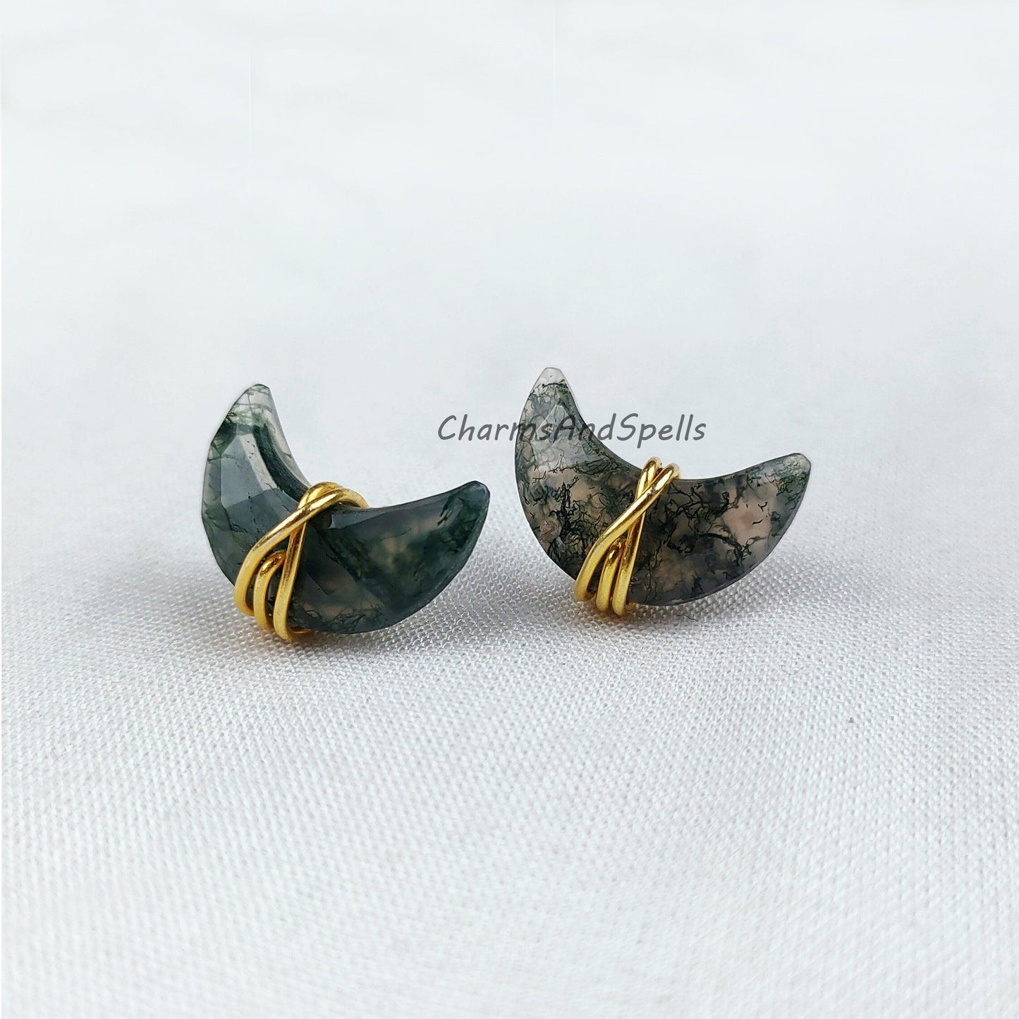 Natural Moss Agate Stud Earrings, Moon Shape Crystal Earrings, Healing Crystal Studs, Women Earrings, Gemstone Earrings - Charms And Spells