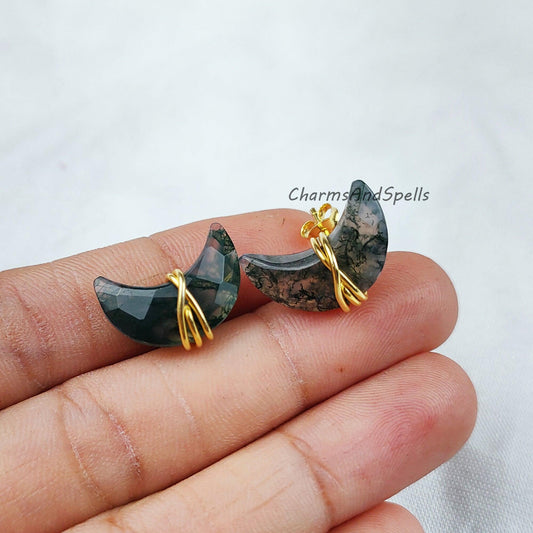 Natural Moss Agate Stud Earrings, Moon Shape Crystal Earrings, Healing Crystal Studs, Women Earrings, Gemstone Earrings - Charms And Spells