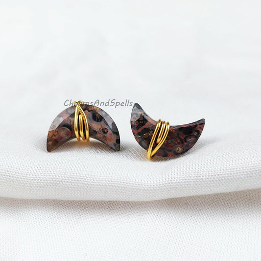 Natural Leopard Skin Jasper Stud Earrings, Gold Electroplated Stud Earrings, Moon Shape Jewelry, Wire Wrap Gemstone Earrings - Charms And Spells