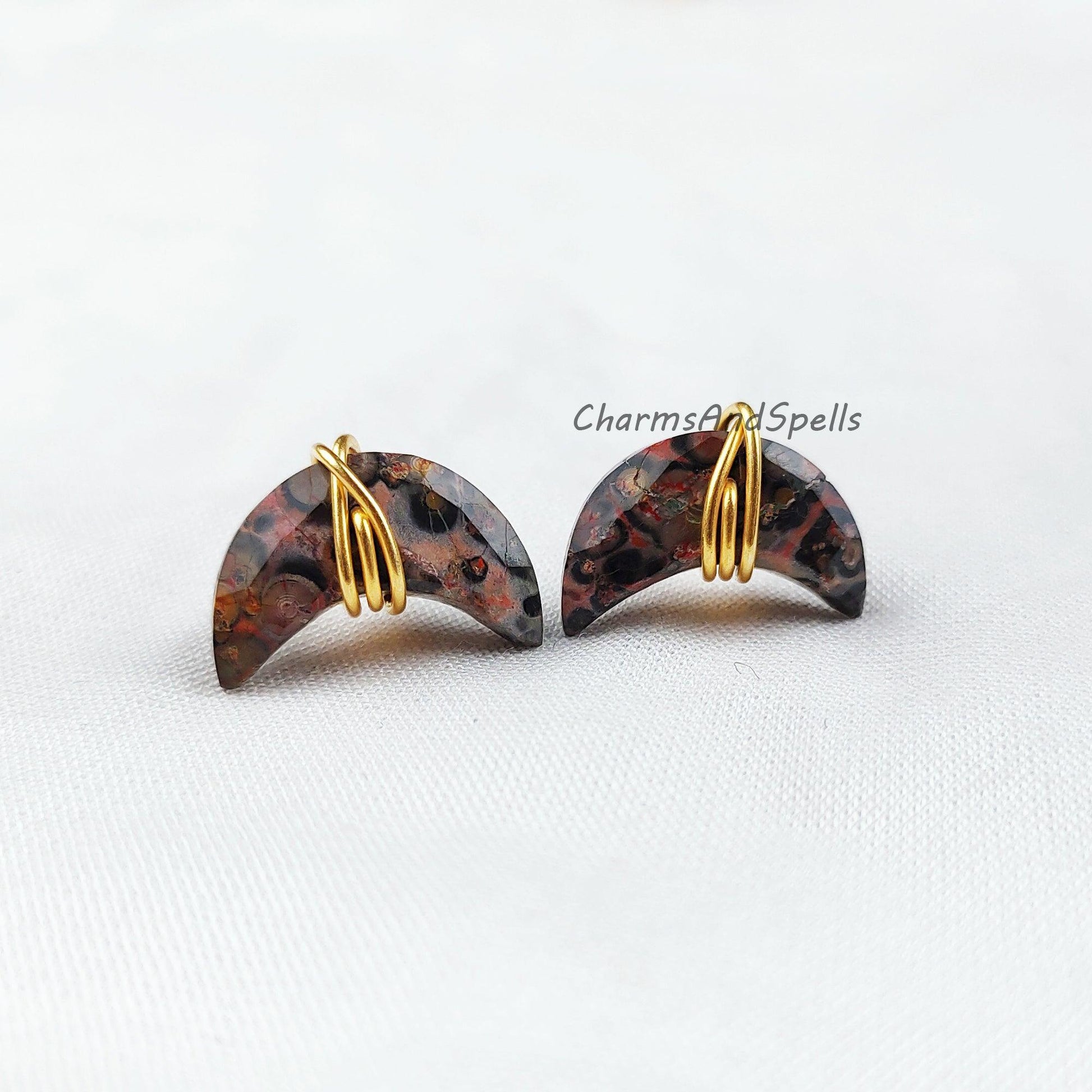 Natural Leopard Skin Jasper Stud Earrings, Gold Electroplated Stud Earrings, Moon Shape Jewelry, Wire Wrap Gemstone Earrings - Charms And Spells