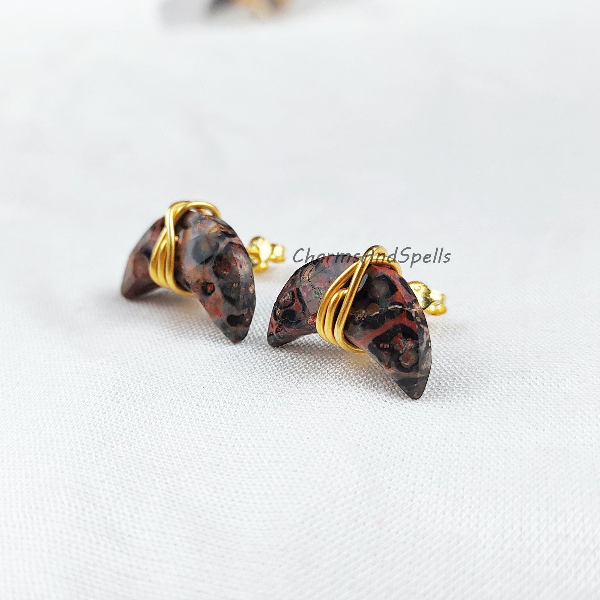 Natural Leopard Skin Jasper Stud Earrings, Gold Electroplated Stud Earrings, Moon Shape Jewelry, Wire Wrap Gemstone Earrings - Charms And Spells