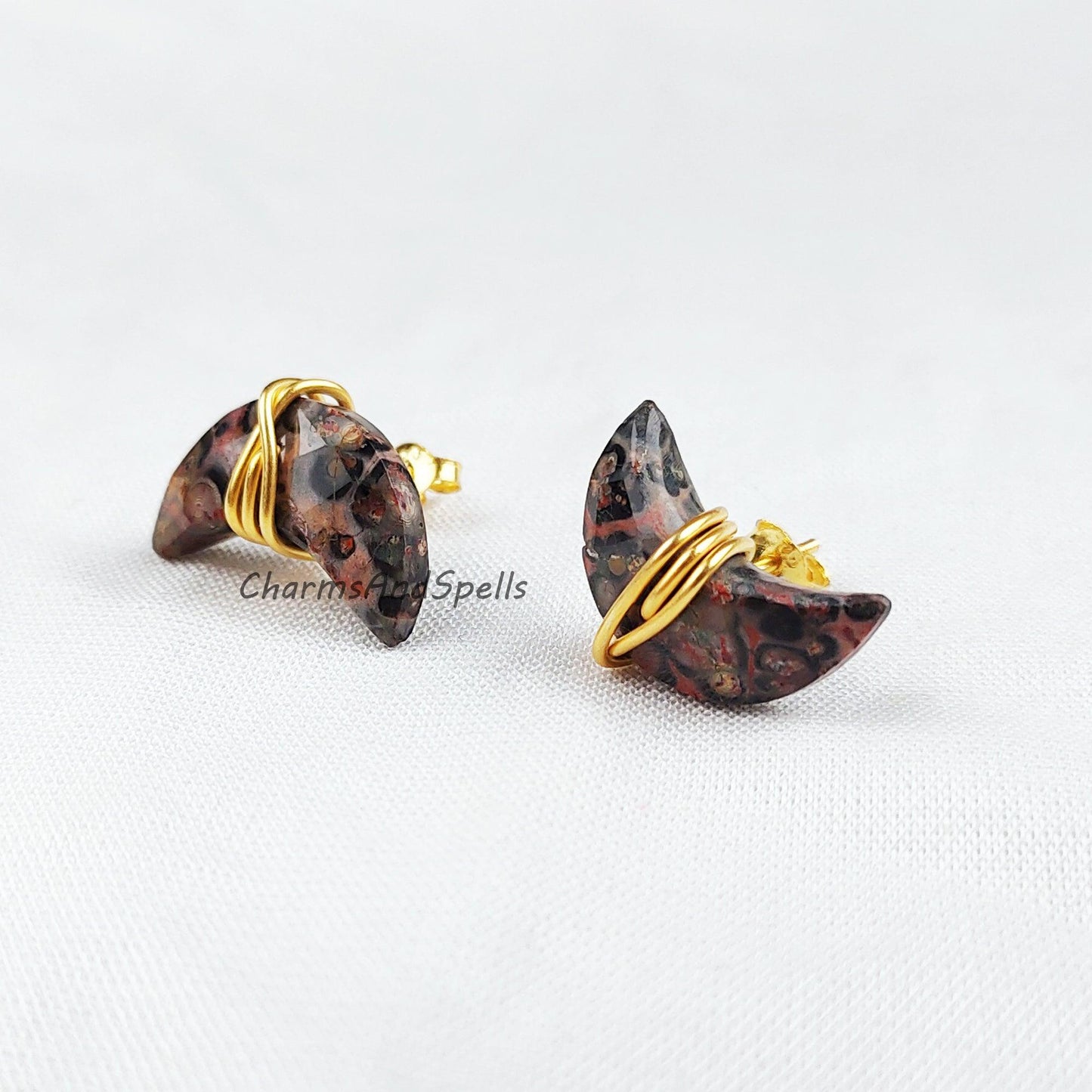 Natural Leopard Skin Jasper Stud Earrings, Gold Electroplated Stud Earrings, Moon Shape Jewelry, Wire Wrap Gemstone Earrings - Charms And Spells