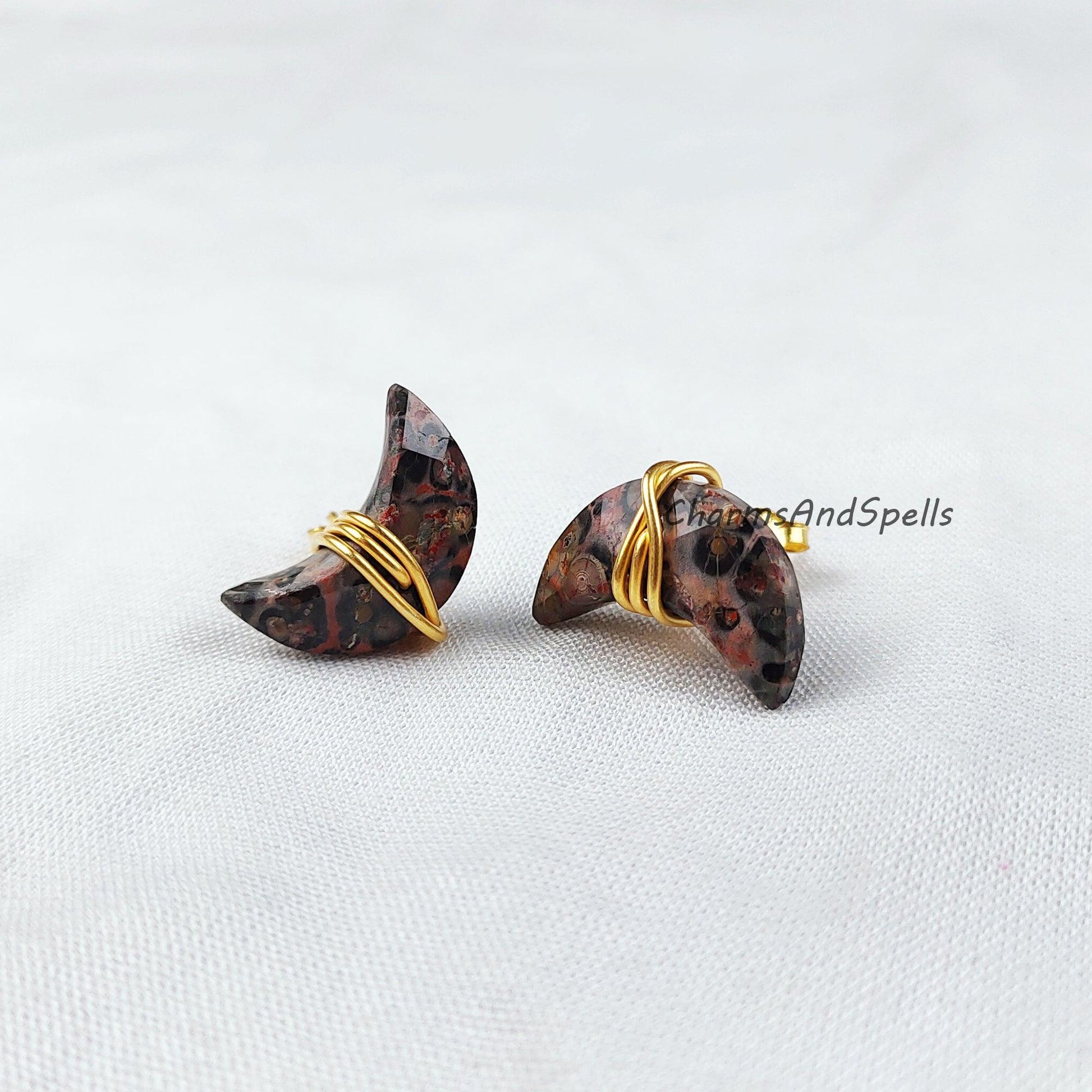 Natural Leopard Skin Jasper Stud Earrings, Gold Electroplated Stud Earrings, Moon Shape Jewelry, Wire Wrap Gemstone Earrings - Charms And Spells