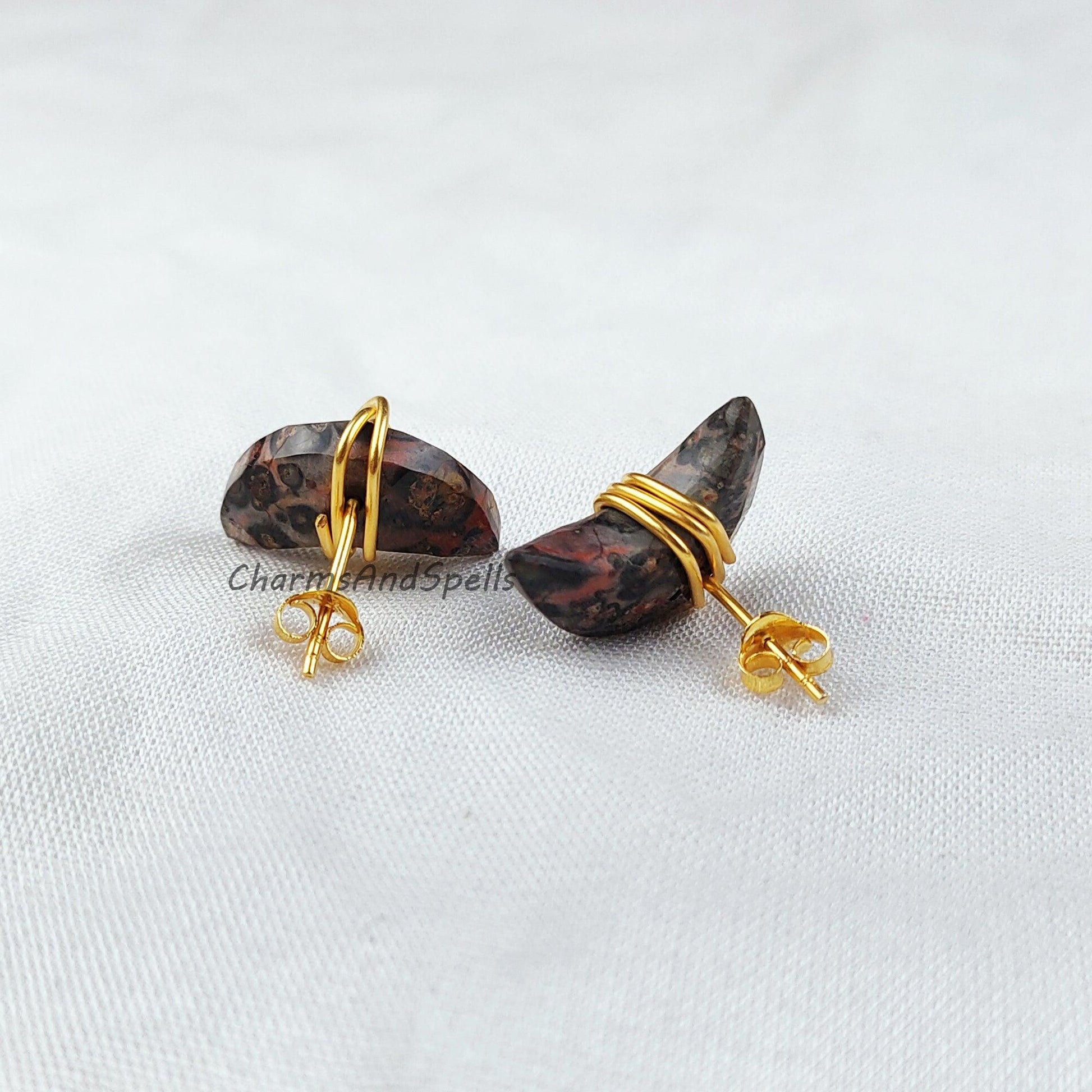 Natural Leopard Skin Jasper Stud Earrings, Gold Electroplated Stud Earrings, Moon Shape Jewelry, Wire Wrap Gemstone Earrings - Charms And Spells