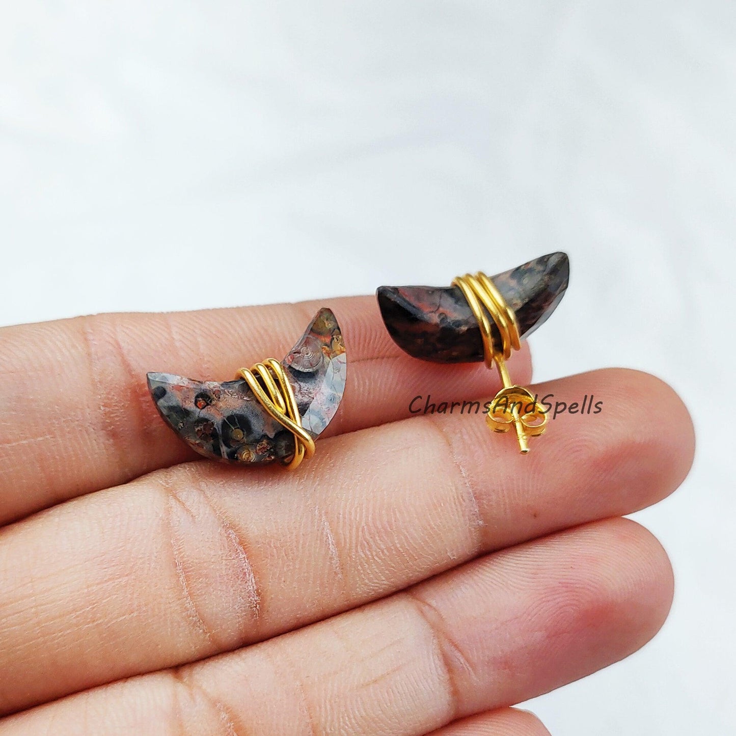 Natural Leopard Skin Jasper Stud Earrings, Gold Electroplated Stud Earrings, Moon Shape Jewelry, Wire Wrap Gemstone Earrings - Charms And Spells