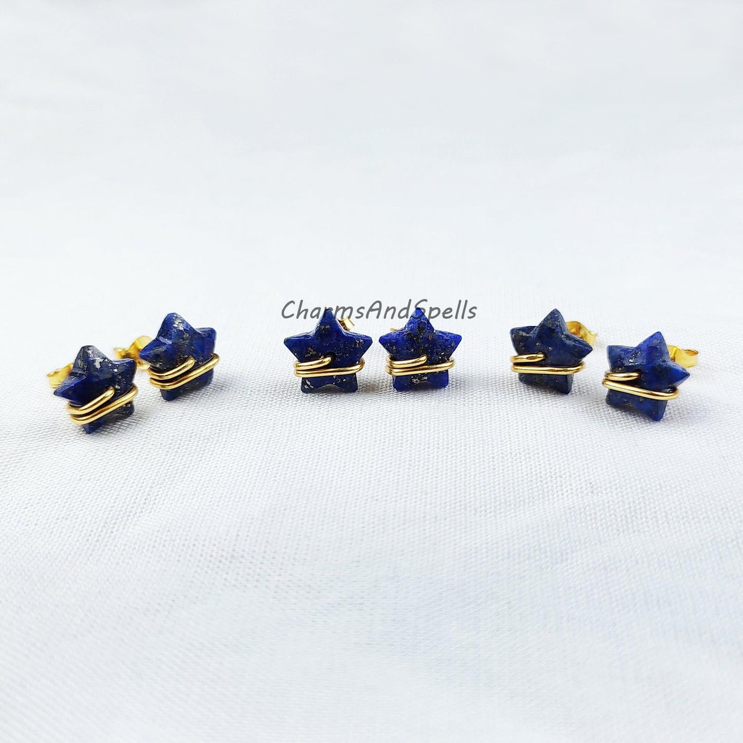 Natural Lapis Lazuli Star Earrings, Lapis Stud Earrings, Moon Earrings Stud, Lapis Lazuli Earrings, Gold Plated Earrings - Charms And Spells