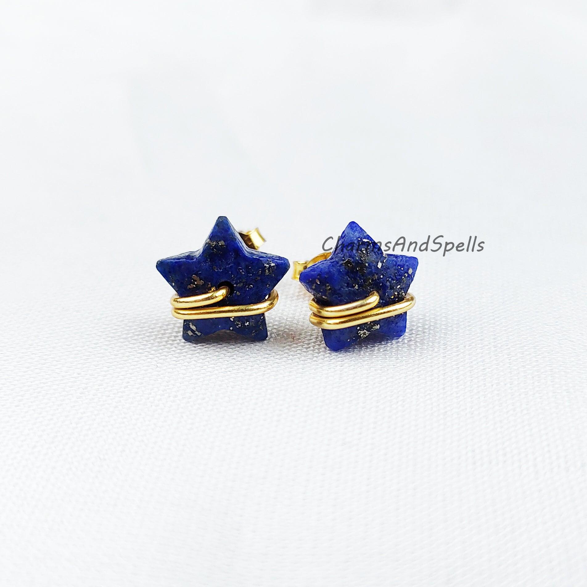 Natural Lapis Lazuli Star Earrings, Lapis Stud Earrings, Moon Earrings Stud, Lapis Lazuli Earrings, Gold Plated Earrings - Charms And Spells