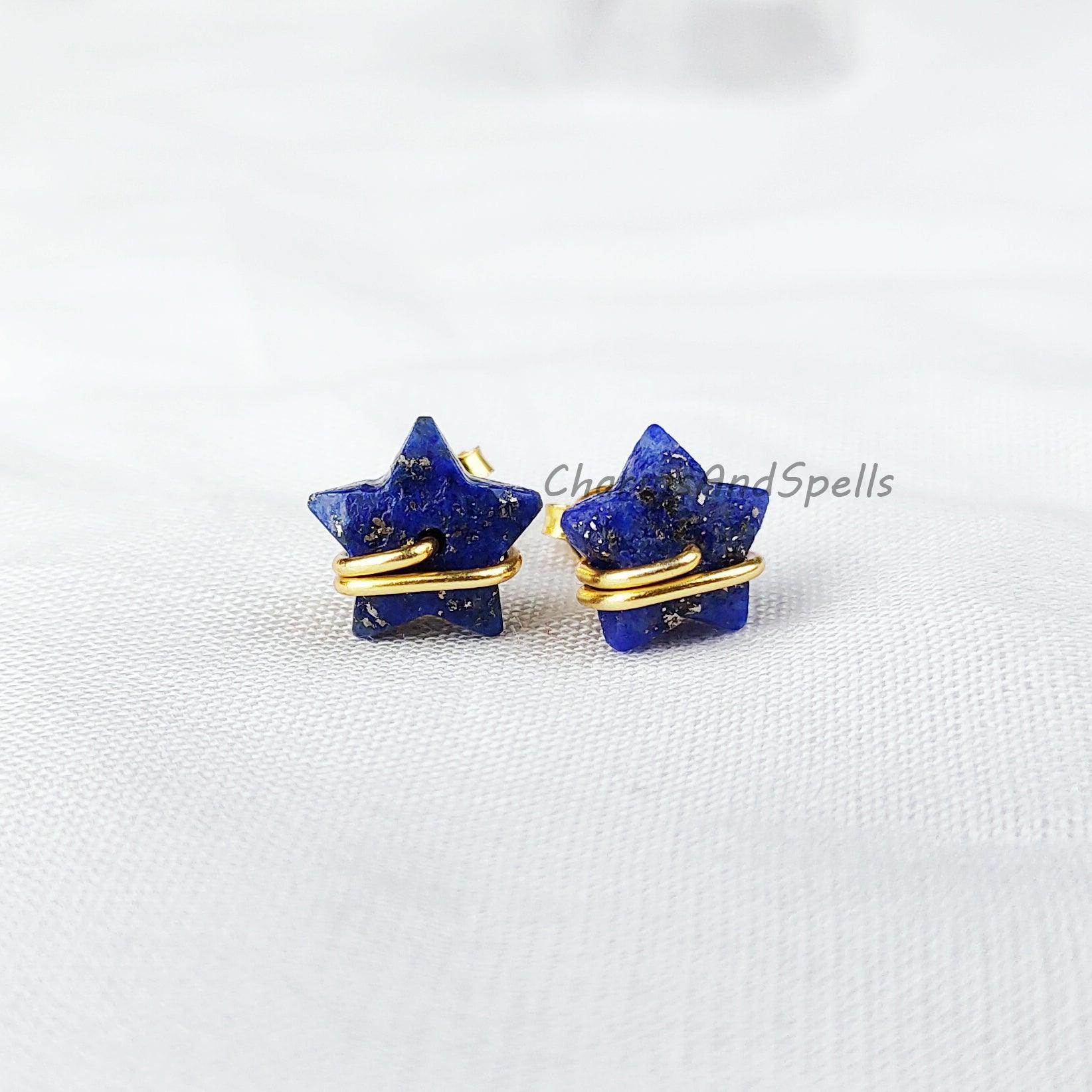 Natural Lapis Lazuli Star Earrings, Lapis Stud Earrings, Moon Earrings Stud, Lapis Lazuli Earrings, Gold Plated Earrings - Charms And Spells