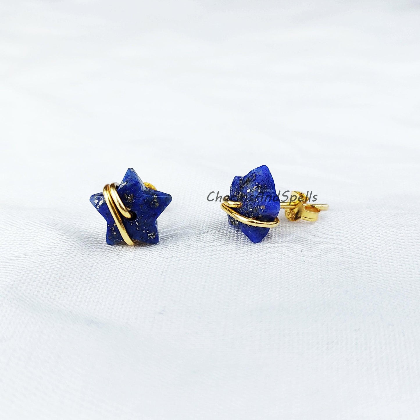 Natural Lapis Lazuli Star Earrings, Lapis Stud Earrings, Moon Earrings Stud, Lapis Lazuli Earrings, Gold Plated Earrings - Charms And Spells