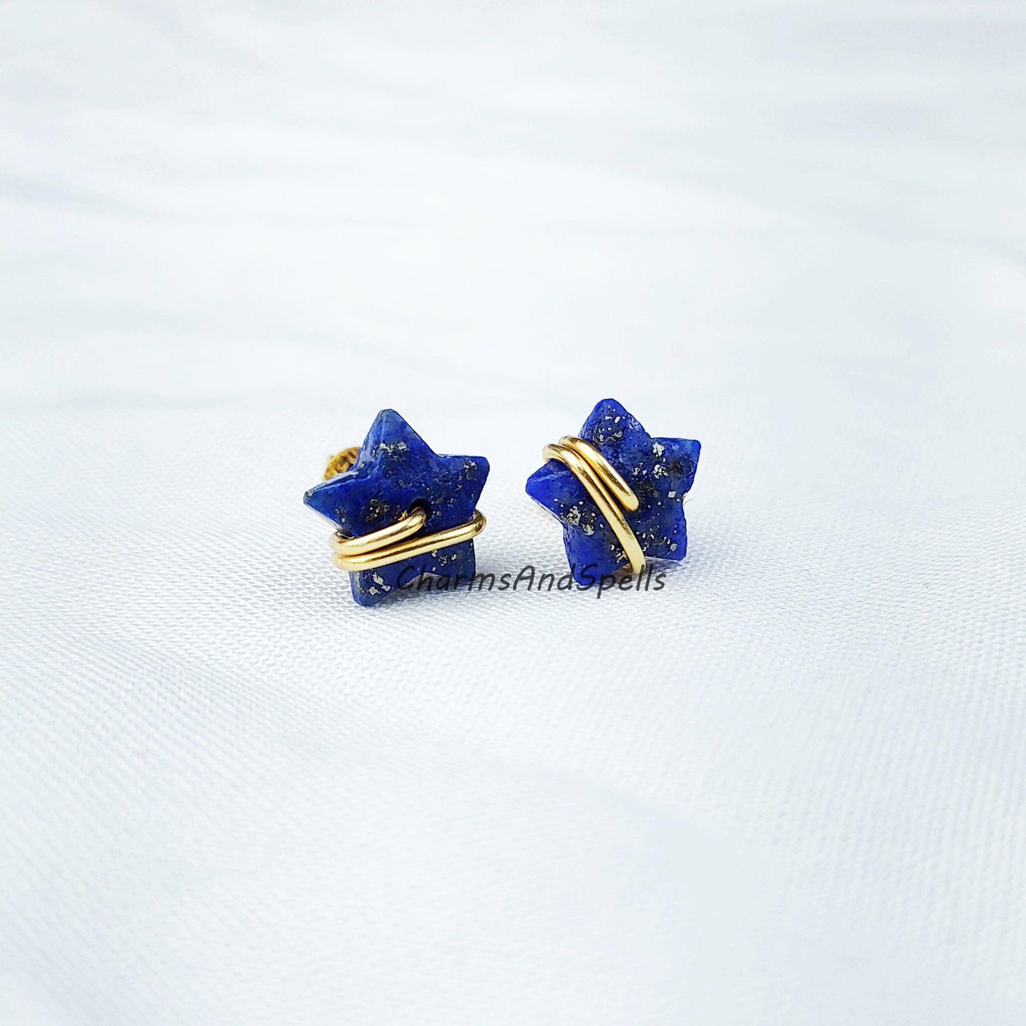 Natural Lapis Lazuli Star Earrings, Lapis Stud Earrings, Moon Earrings Stud, Lapis Lazuli Earrings, Gold Plated Earrings - Charms And Spells