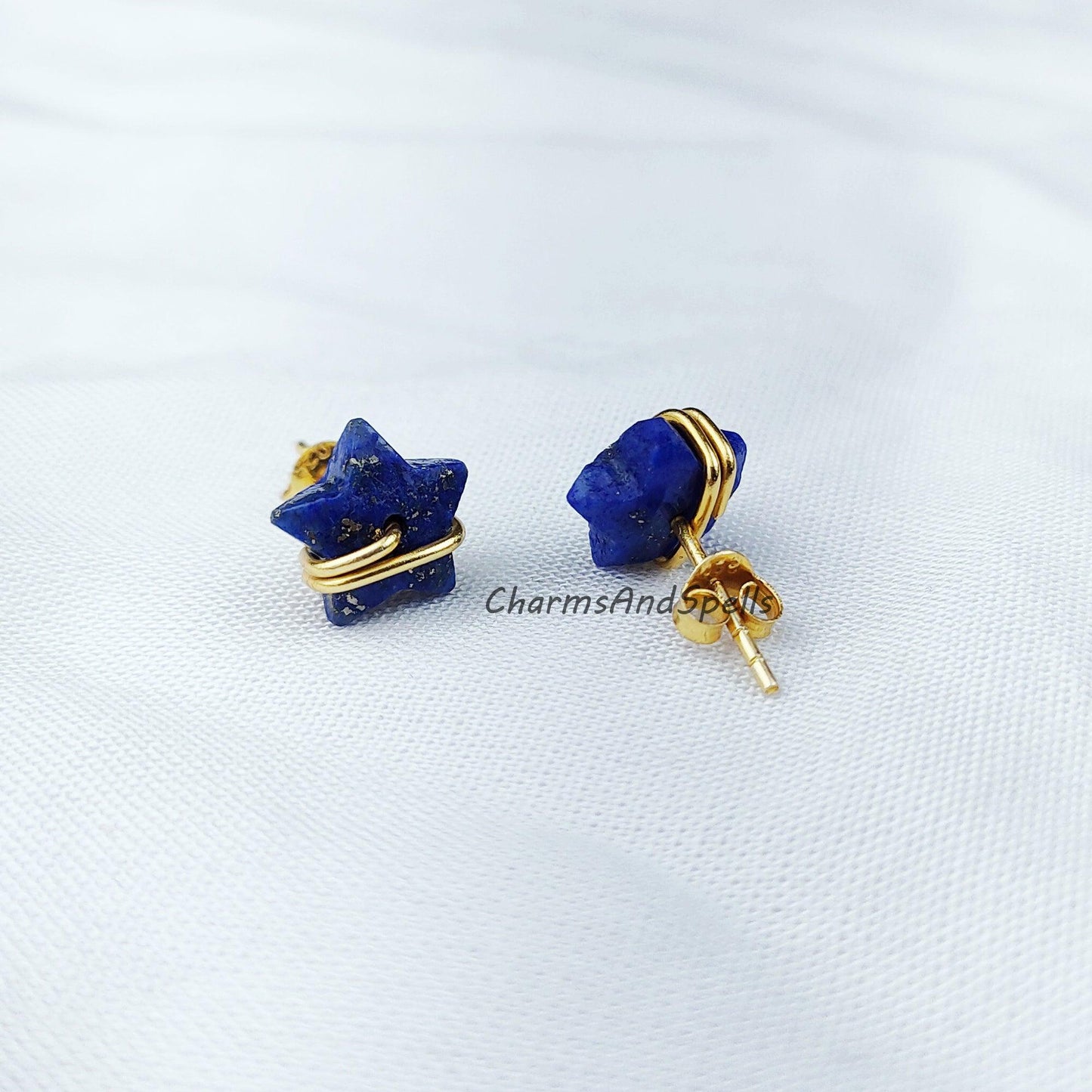 Natural Lapis Lazuli Star Earrings, Lapis Stud Earrings, Moon Earrings Stud, Lapis Lazuli Earrings, Gold Plated Earrings - Charms And Spells