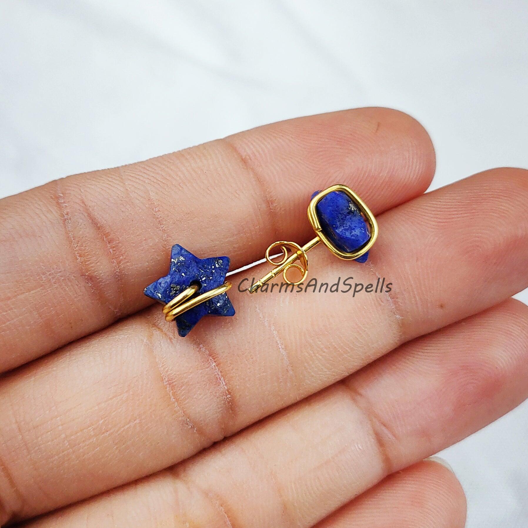 Natural Lapis Lazuli Star Earrings, Lapis Stud Earrings, Moon Earrings Stud, Lapis Lazuli Earrings, Gold Plated Earrings - Charms And Spells