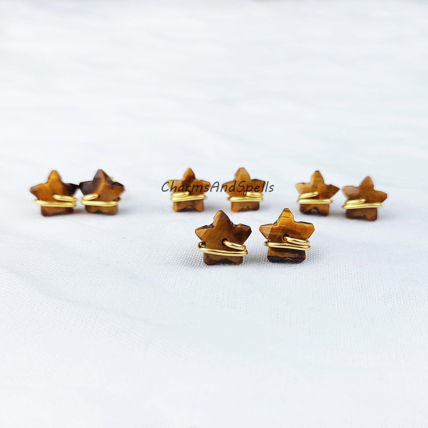 Natural Tiger Eye Star Stud Earrings, Gold Plated Jewelry, Wire Jewelry, Gemstone Earrings, Stud Earrings, Women earrings - Charms And Spells