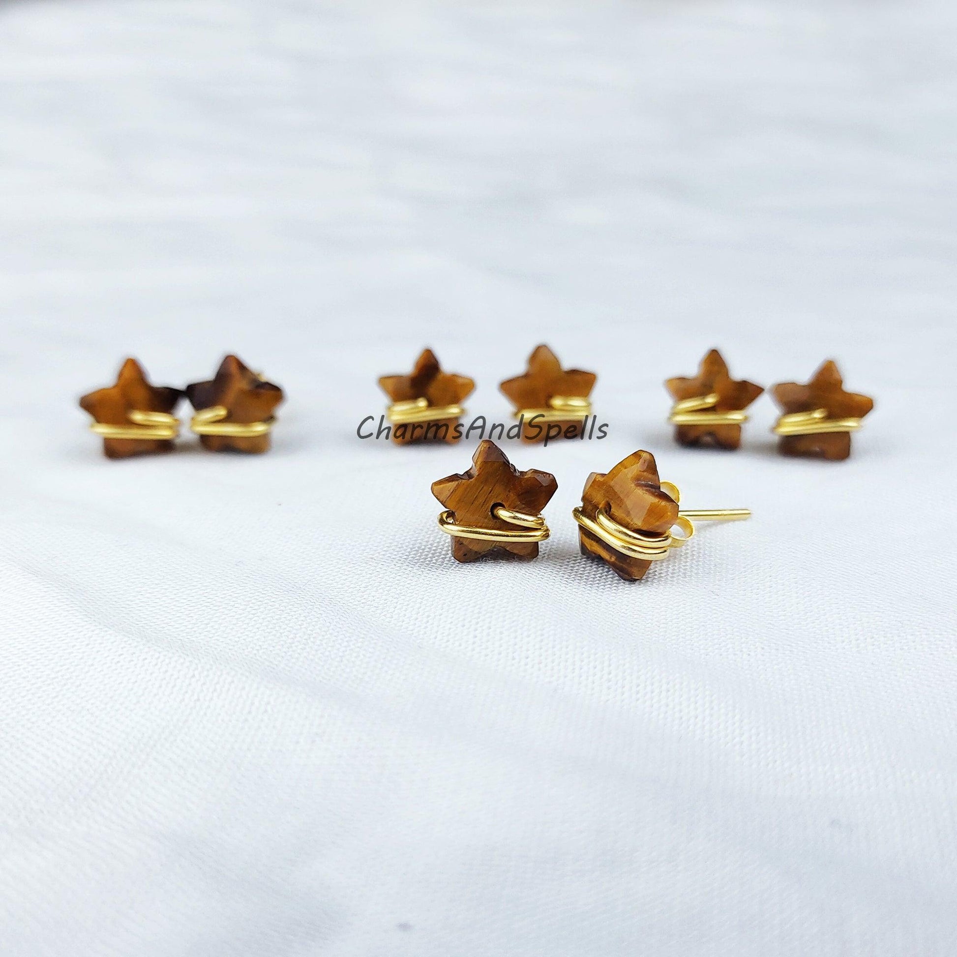 Natural Tiger Eye Star Stud Earrings, Gold Plated Jewelry, Wire Jewelry, Gemstone Earrings, Stud Earrings, Women earrings - Charms And Spells