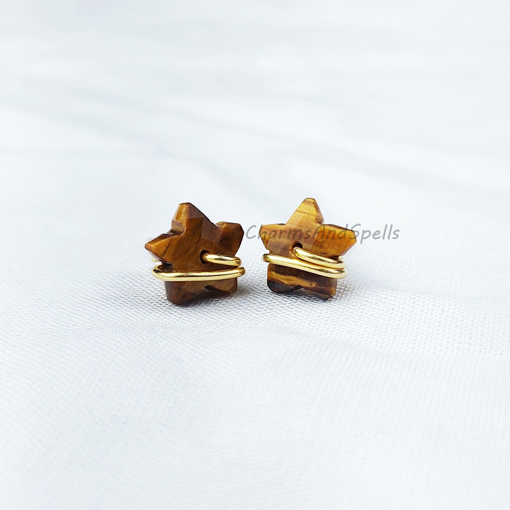 Natural Tiger Eye Star Stud Earrings, Gold Plated Jewelry, Wire Jewelry, Gemstone Earrings, Stud Earrings, Women earrings - Charms And Spells