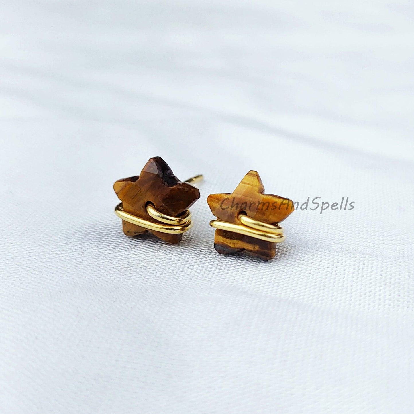 Natural Tiger Eye Star Stud Earrings, Gold Plated Jewelry, Wire Jewelry, Gemstone Earrings, Stud Earrings, Women earrings - Charms And Spells