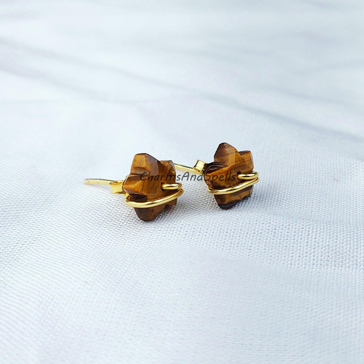 Natural Tiger Eye Star Stud Earrings, Gold Plated Jewelry, Wire Jewelry, Gemstone Earrings, Stud Earrings, Women earrings - Charms And Spells