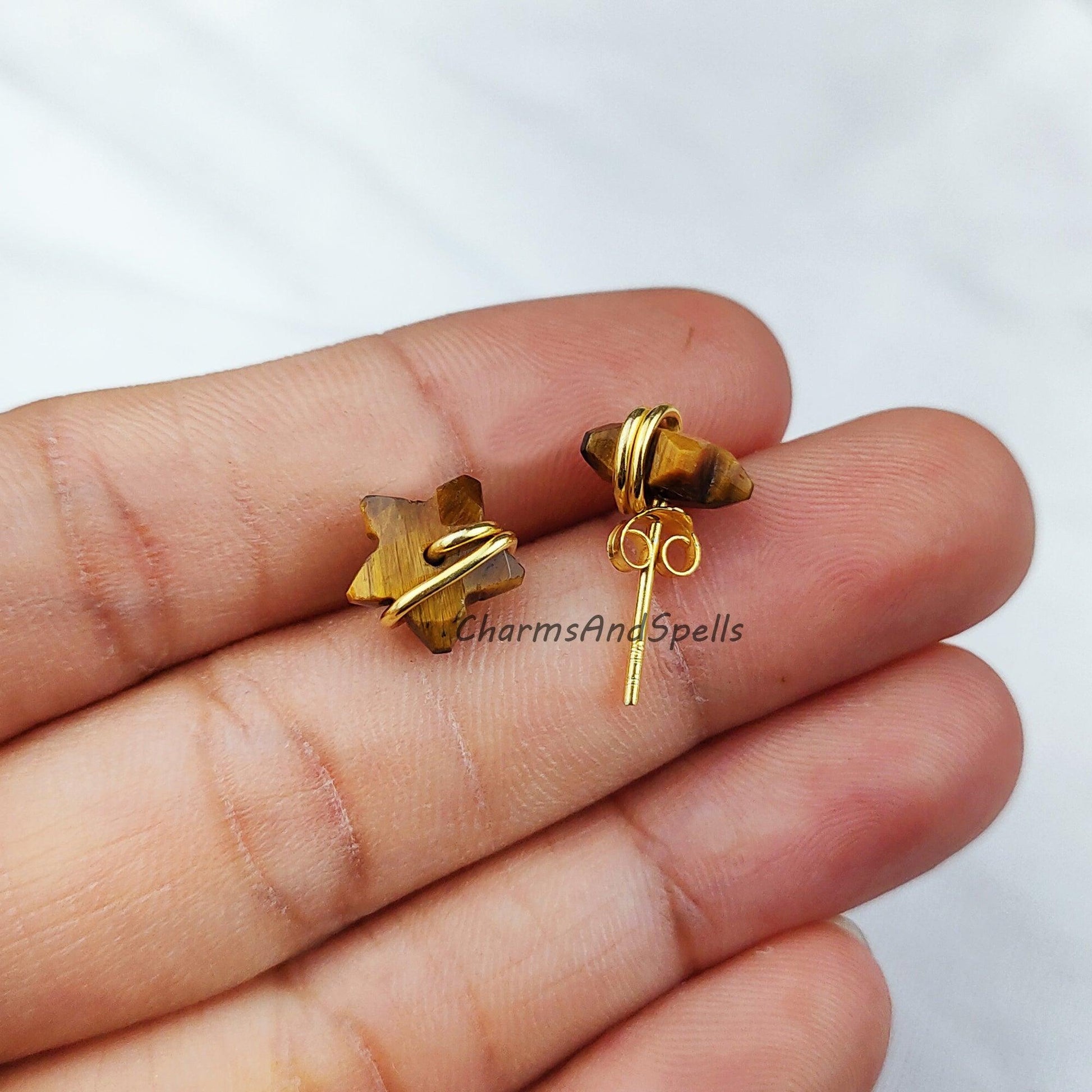 Natural Tiger Eye Star Stud Earrings, Gold Plated Jewelry, Wire Jewelry, Gemstone Earrings, Stud Earrings, Women earrings - Charms And Spells