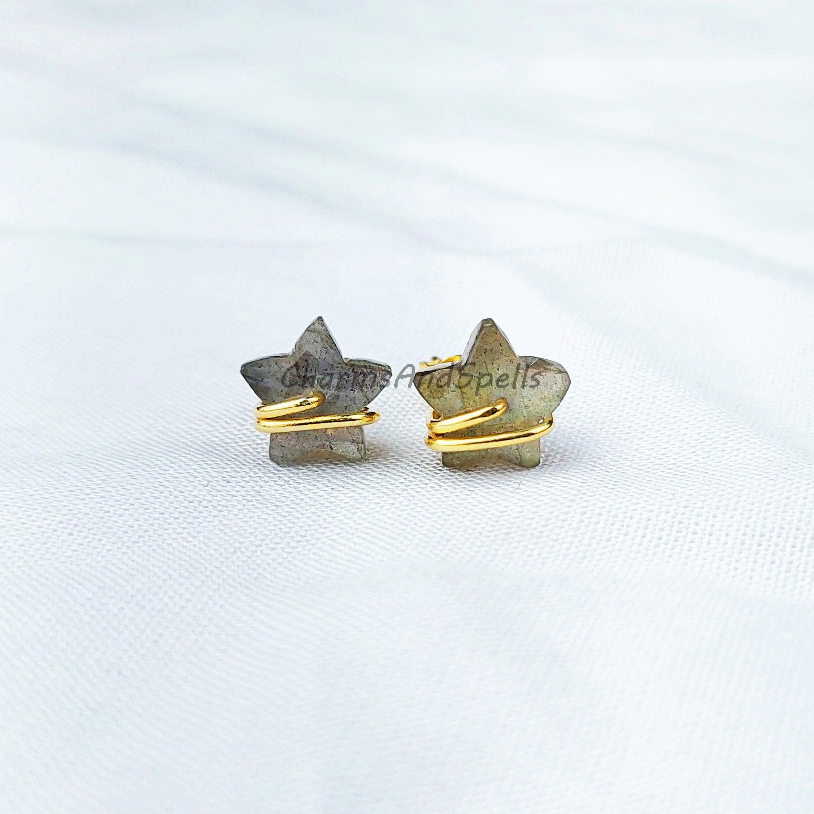 Tiny Labradorite studs, star shape jewelry, wire wrap earrings, minimalist crystal jewelry, boho earrings, small stud - Charms And Spells