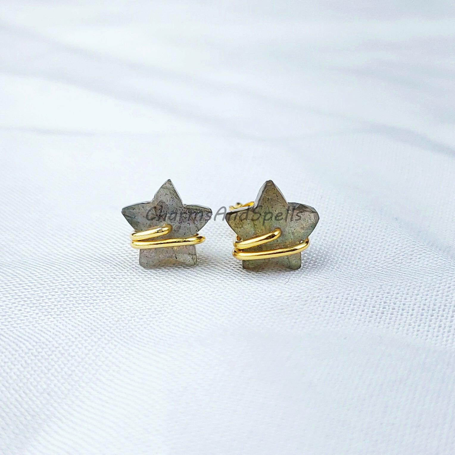 Tiny Labradorite studs, star shape jewelry, wire wrap earrings, minimalist crystal jewelry, boho earrings, small stud - Charms And Spells